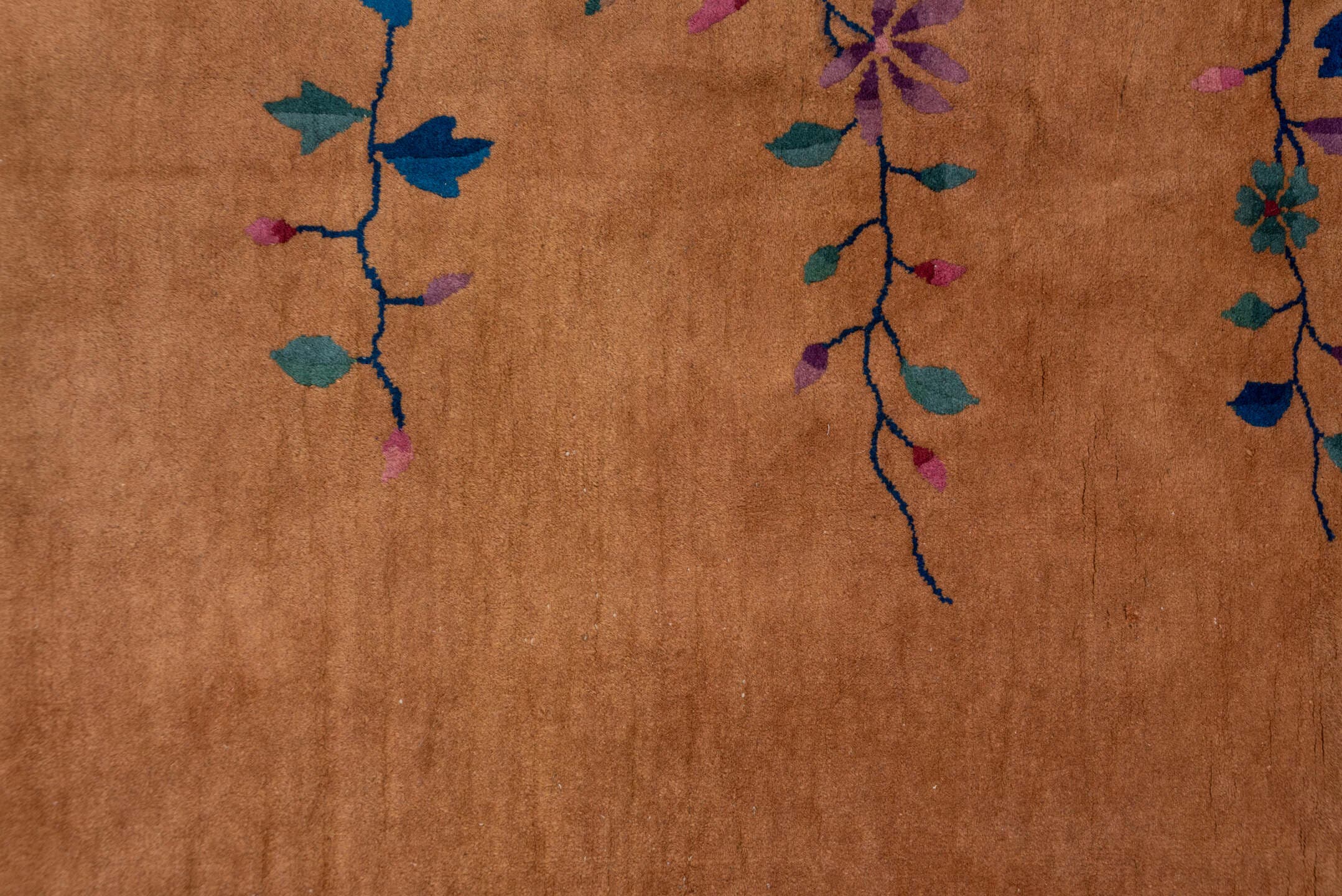 12' x 15' one-of-a-kind handmade antique Chinese oversize rug. Color palette: camel, cobalt, tan, rose, teal, violet