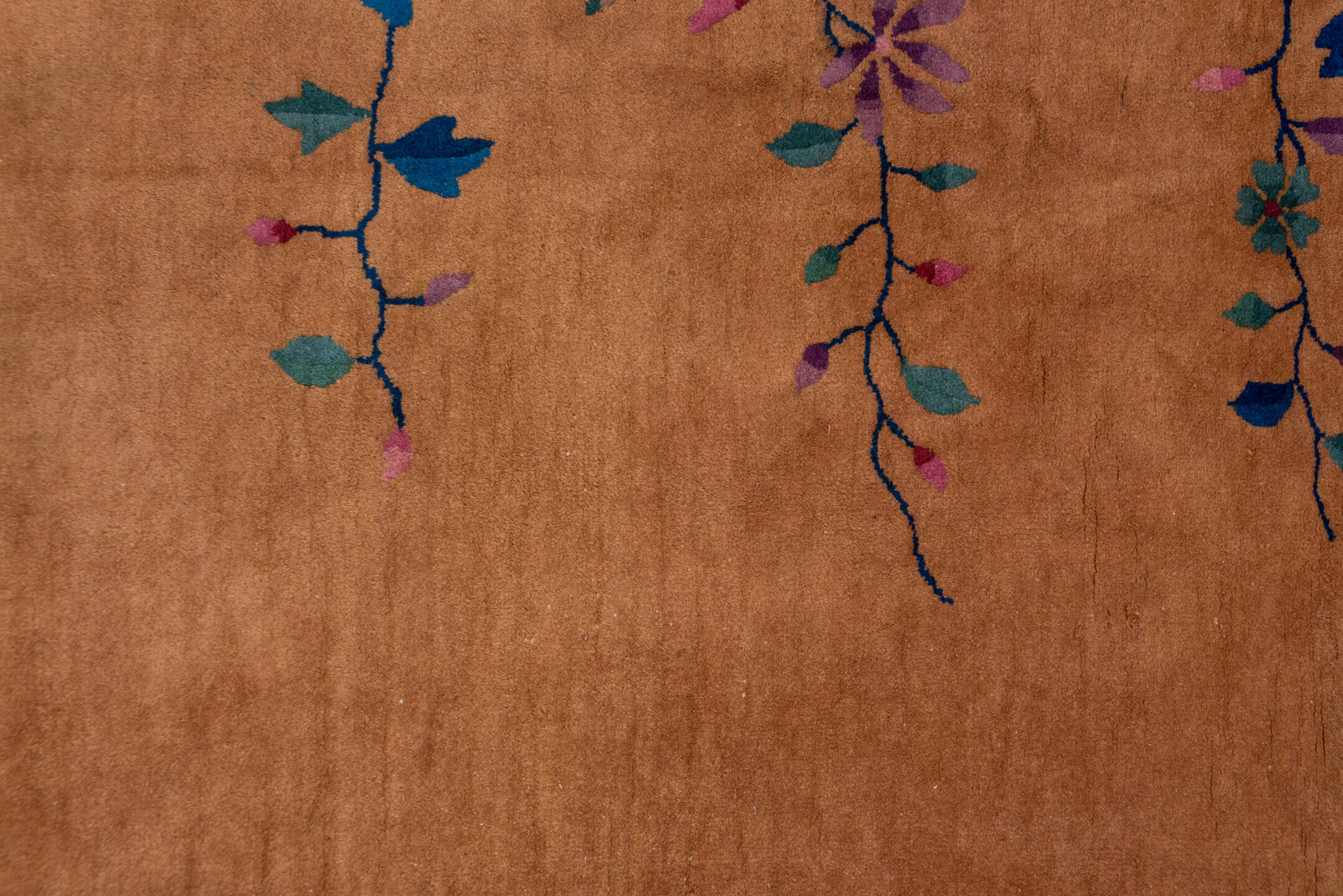 12' x 15' one-of-a-kind handmade antique Chinese oversize rug. Color palette: camel, cobalt, tan, rose, teal, violet