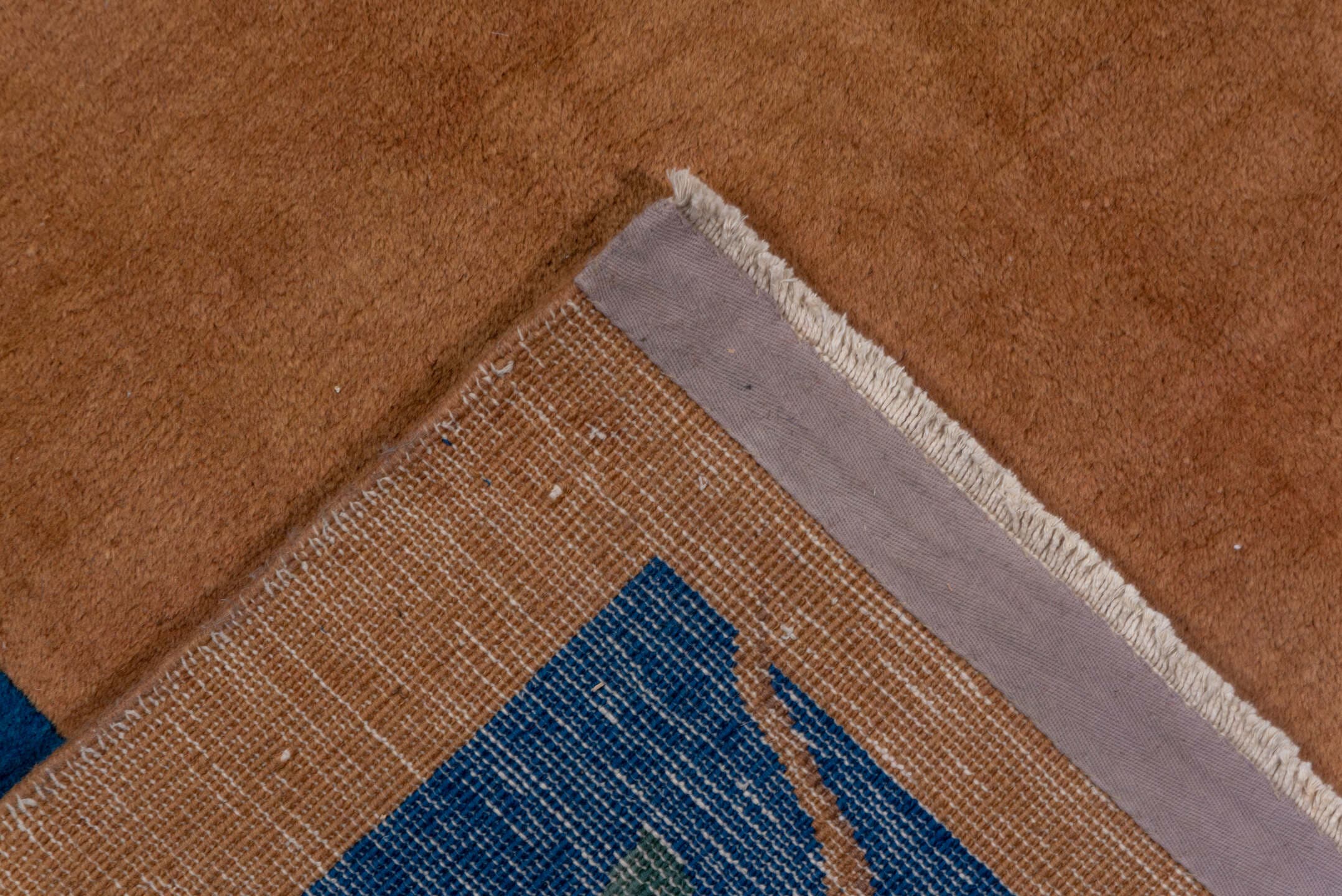12' x 15' one-of-a-kind handmade antique Chinese oversize rug. Color palette: camel, cobalt, tan, rose, teal, violet