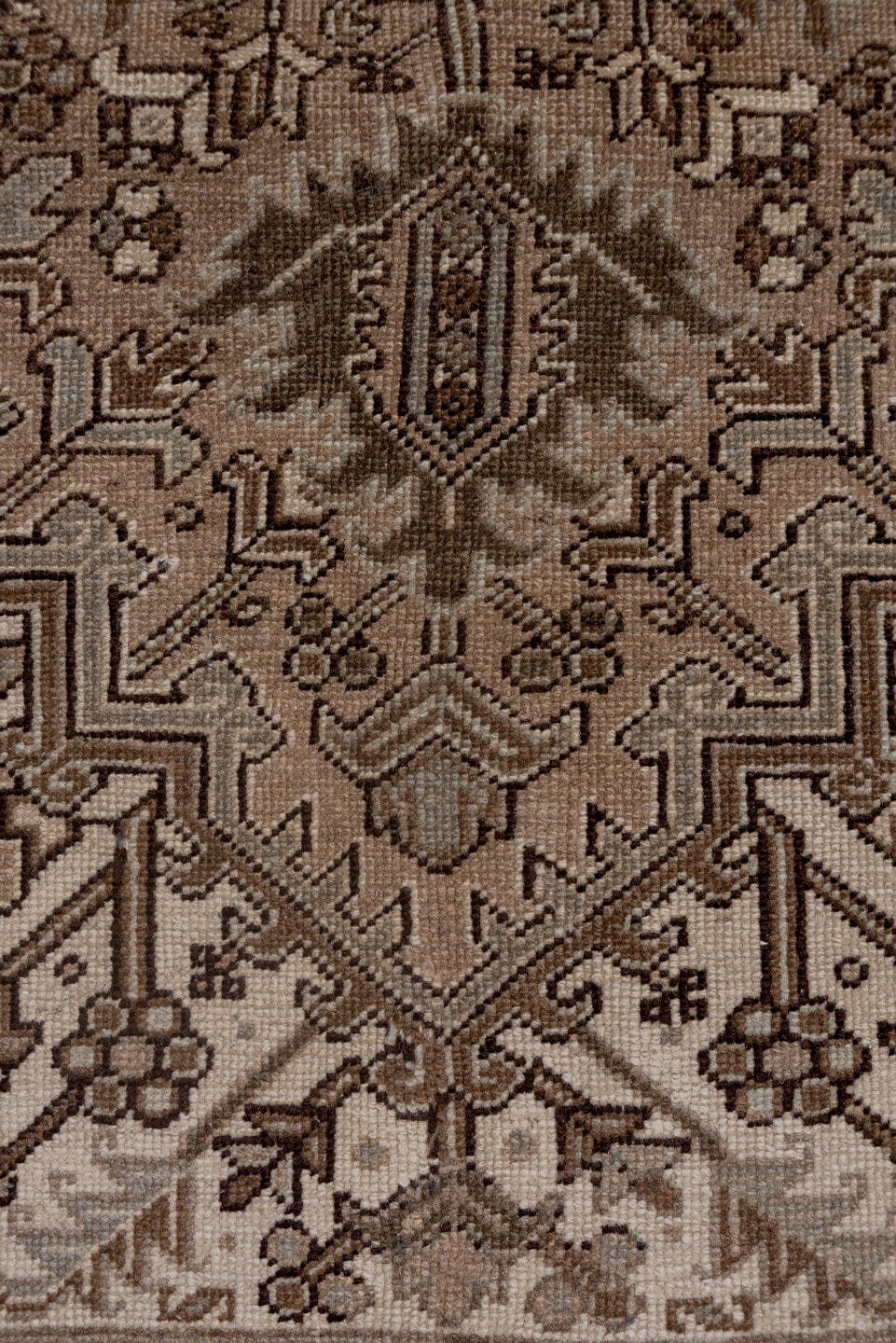 7' x 9' one-of-a-kind handmade vintage Heriz rug. Color palette: taupe, brown, ivory, charcoal, camel, greige, beige, gray