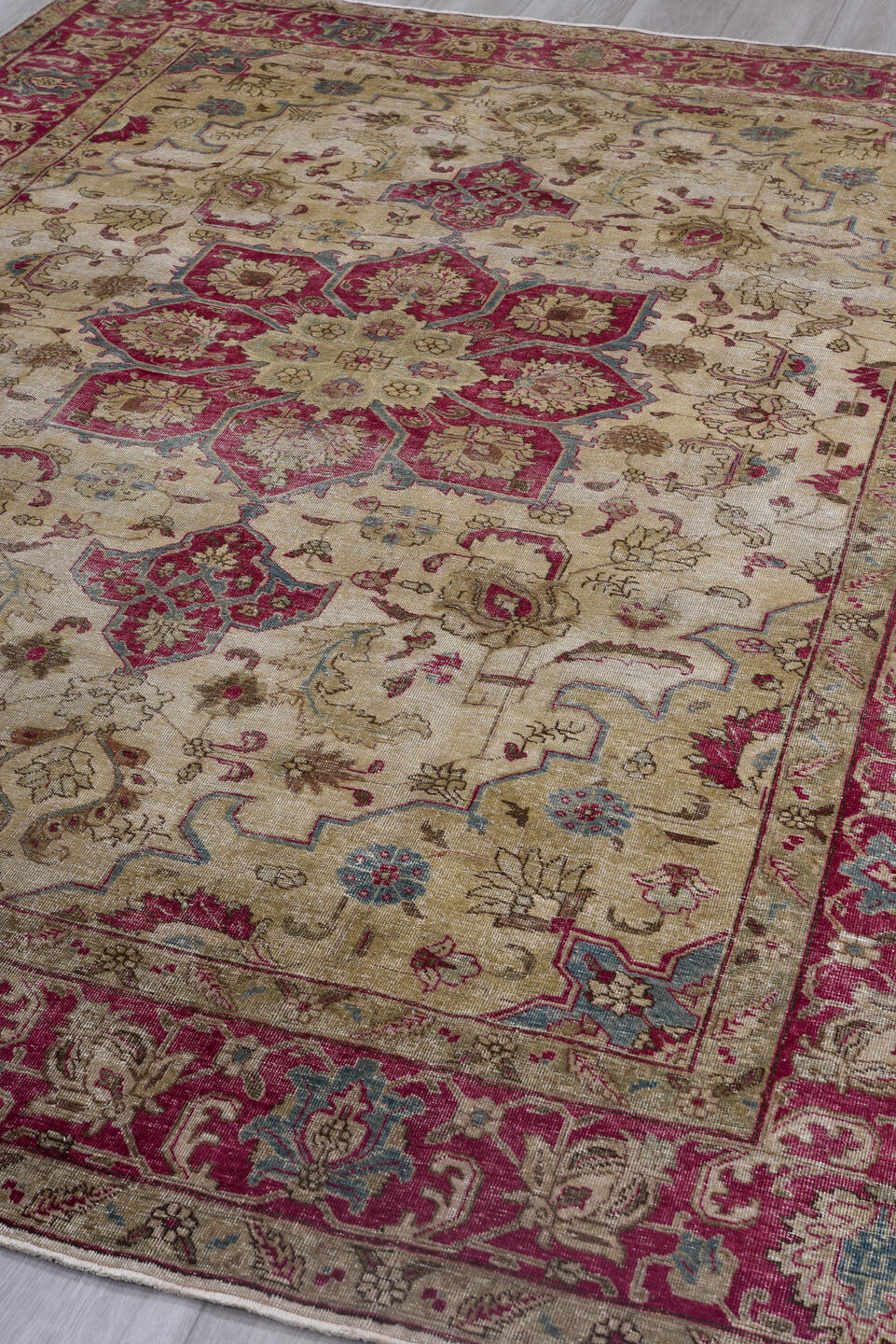 6' x 9' one-of-a-kind handmade antique Tabriz medium size rug. Color palette: ivory, raspberry, taupe, sky_blue, beige