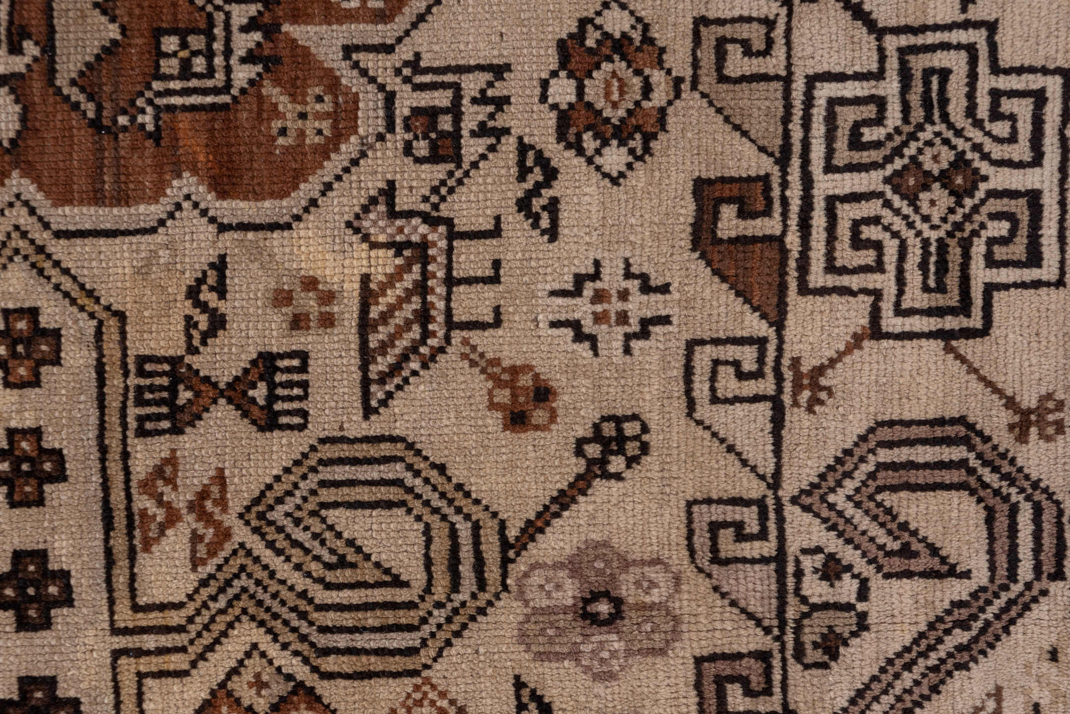 6' x 12' one-of-a-kind handmade antique Karabagh large size rug. Color palette: ivory, brown, rust, taupe, charcoal, camel