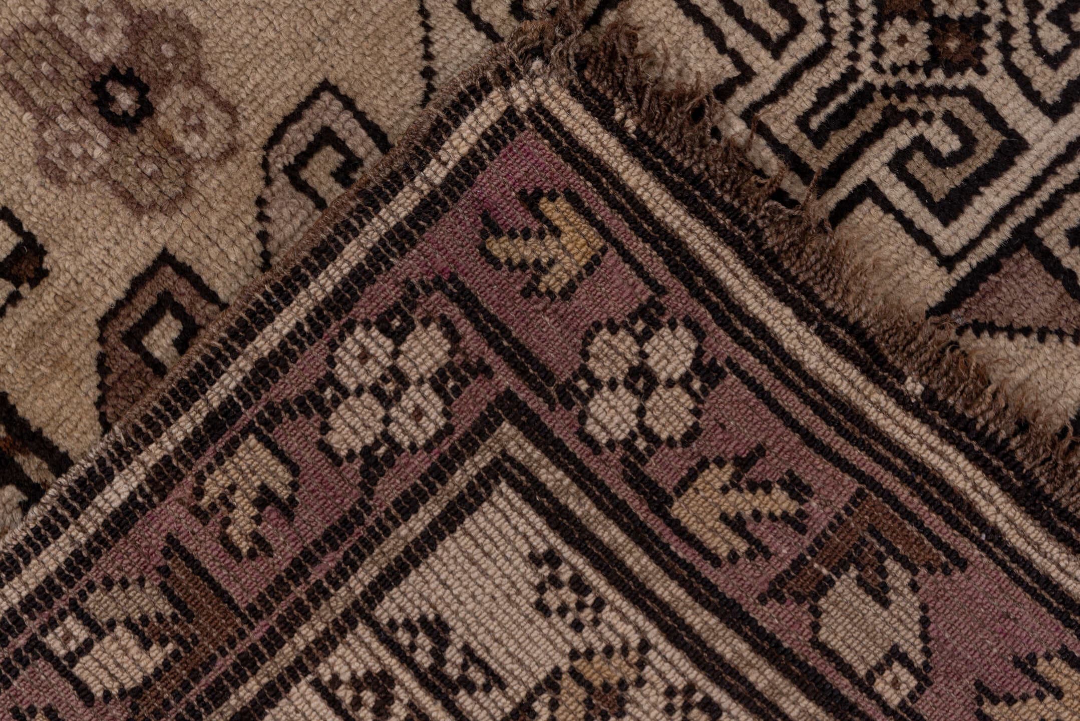 6' x 12' one-of-a-kind handmade antique Karabagh large size rug. Color palette: ivory, brown, rust, taupe, charcoal, camel
