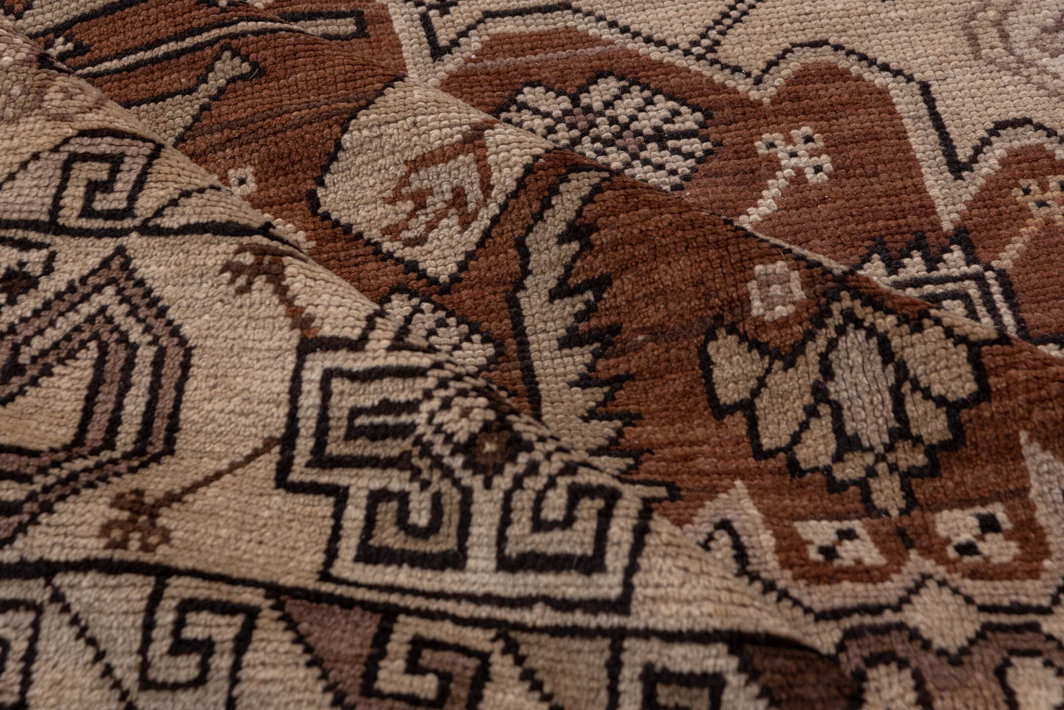 6' x 12' one-of-a-kind handmade antique Karabagh large size rug. Color palette: ivory, brown, rust, taupe, charcoal, camel