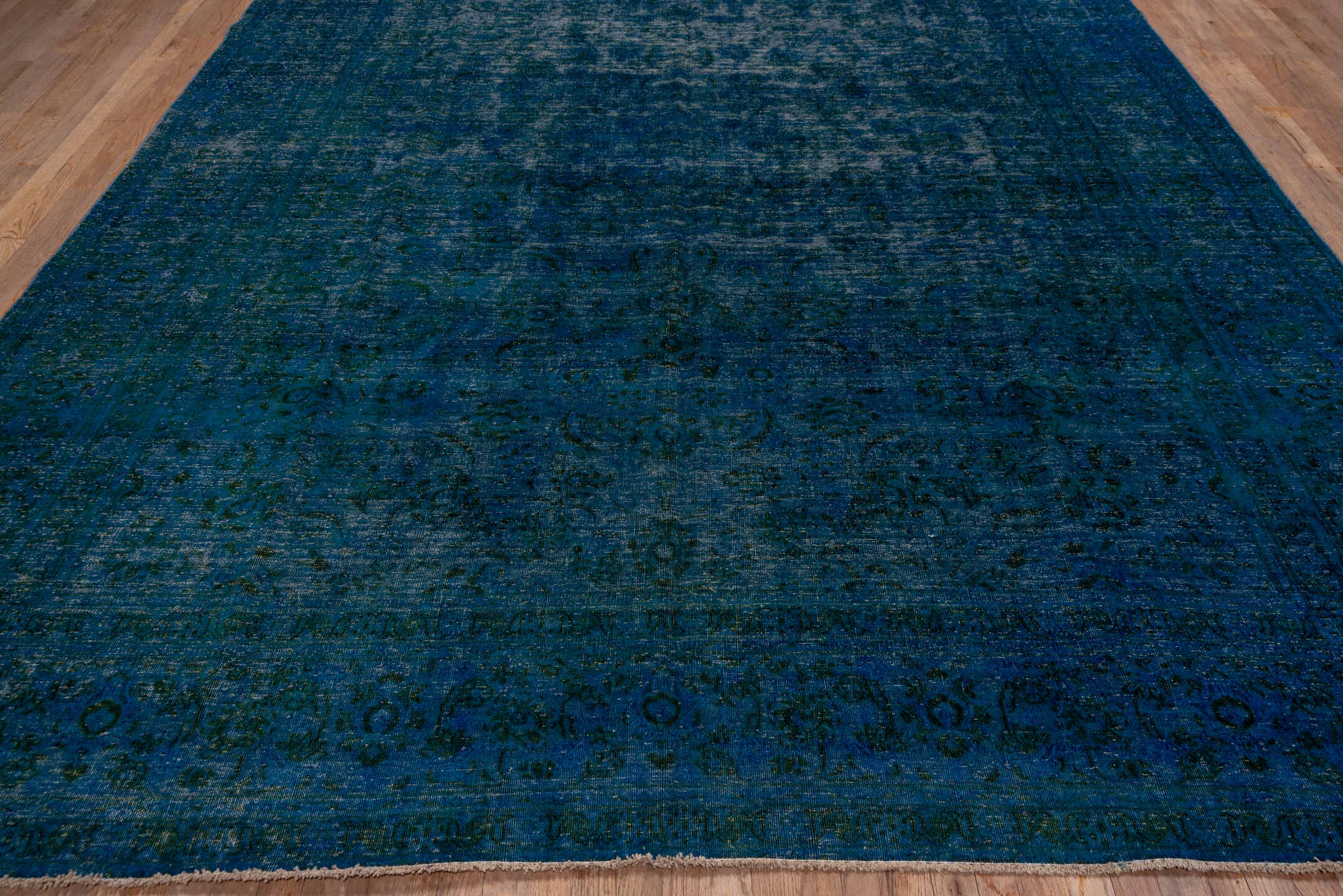 9' x 13' one-of-a-kind handmade vintage Overdyed large size rug. Color palette: arapawa, blue, gray, light gray