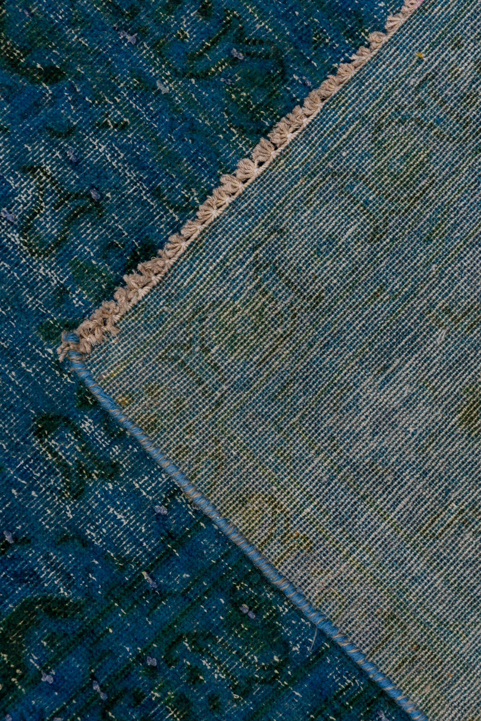 9' x 13' one-of-a-kind handmade vintage Overdyed large size rug. Color palette: arapawa, blue, gray, light gray