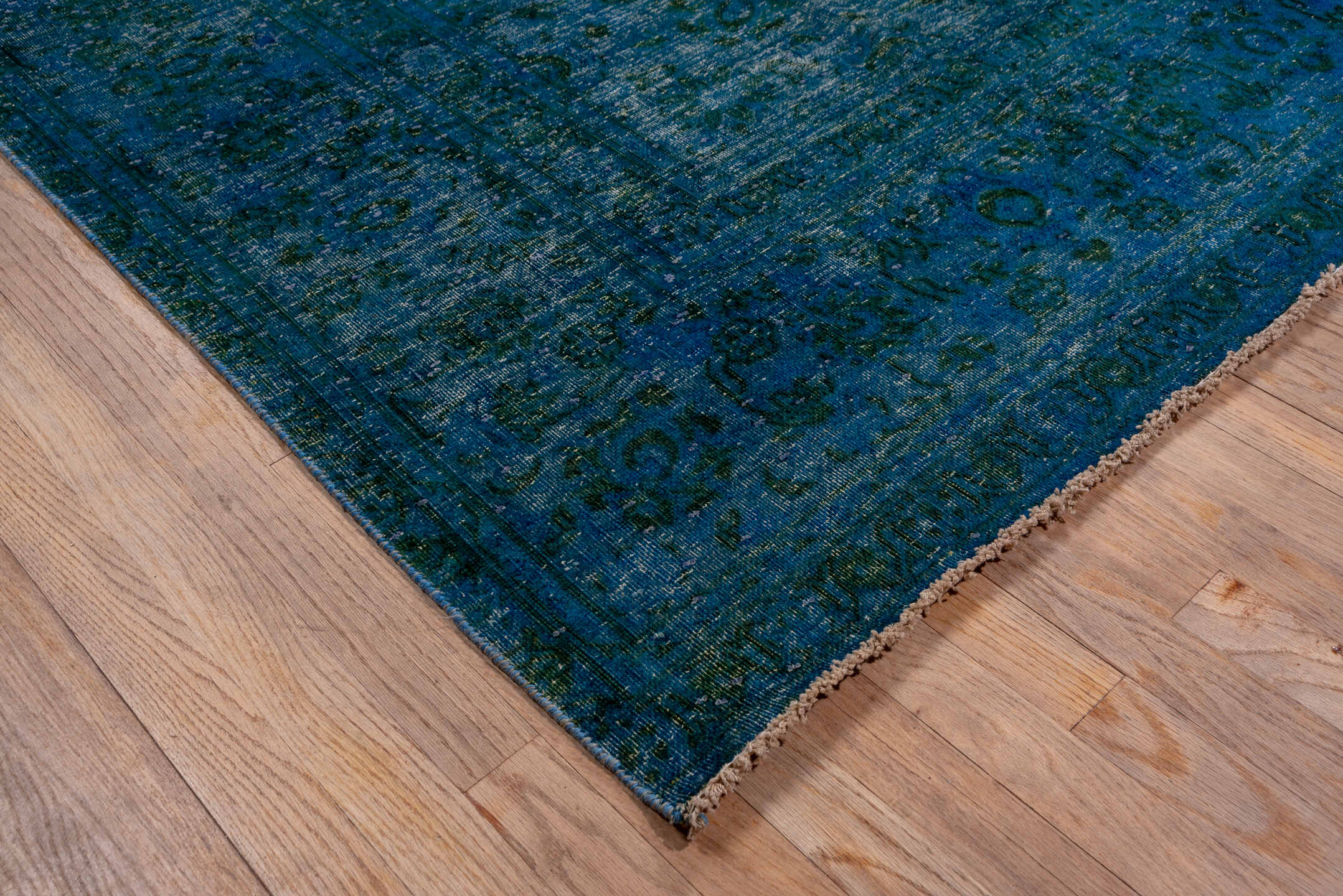 9' x 13' one-of-a-kind handmade vintage Overdyed large size rug. Color palette: arapawa, blue, gray, light gray