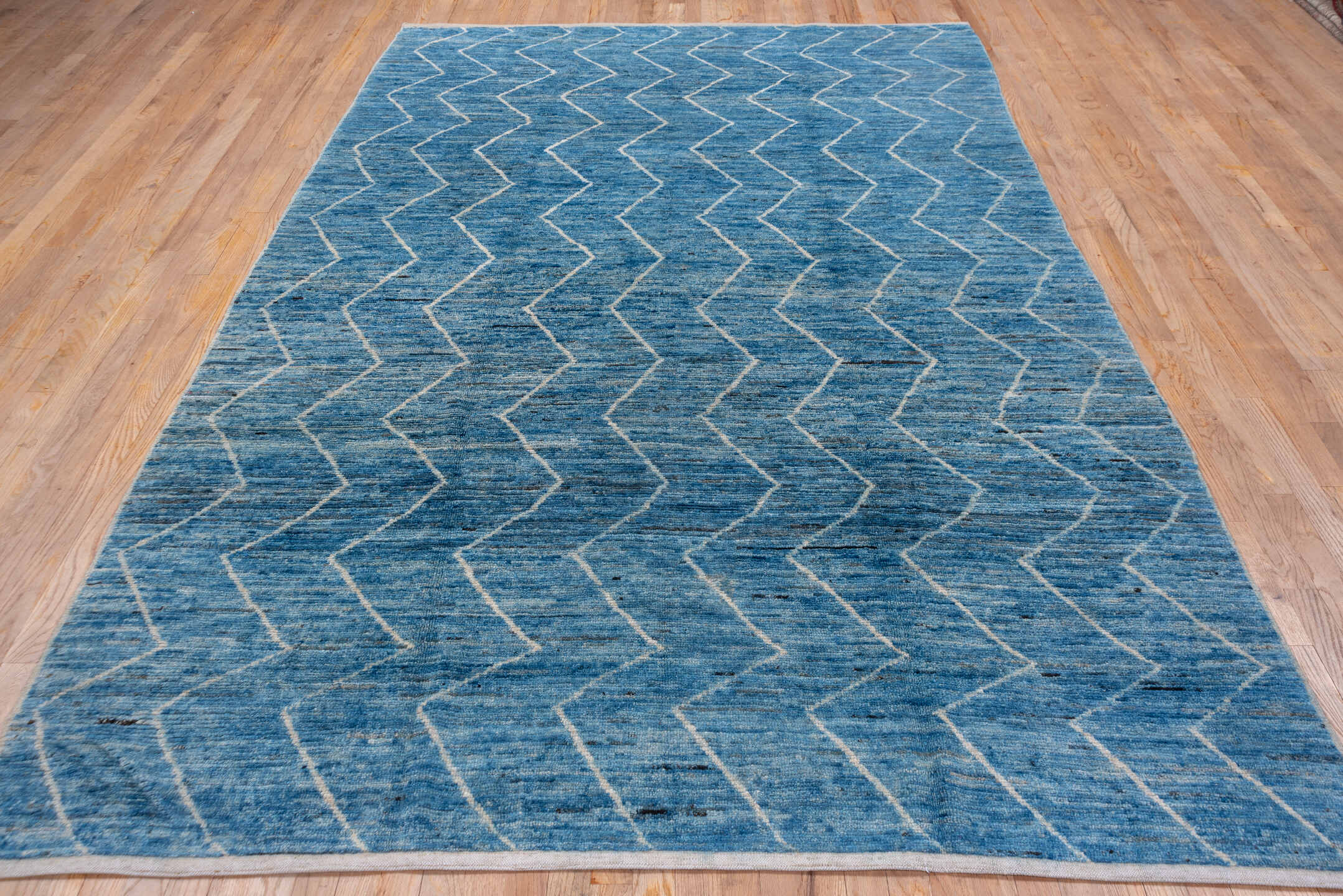6' x 10' one-of-a-kind handmade vintage Moroccan large size rug. Color palette: arapawa, blue, gray, light blue, light gray
