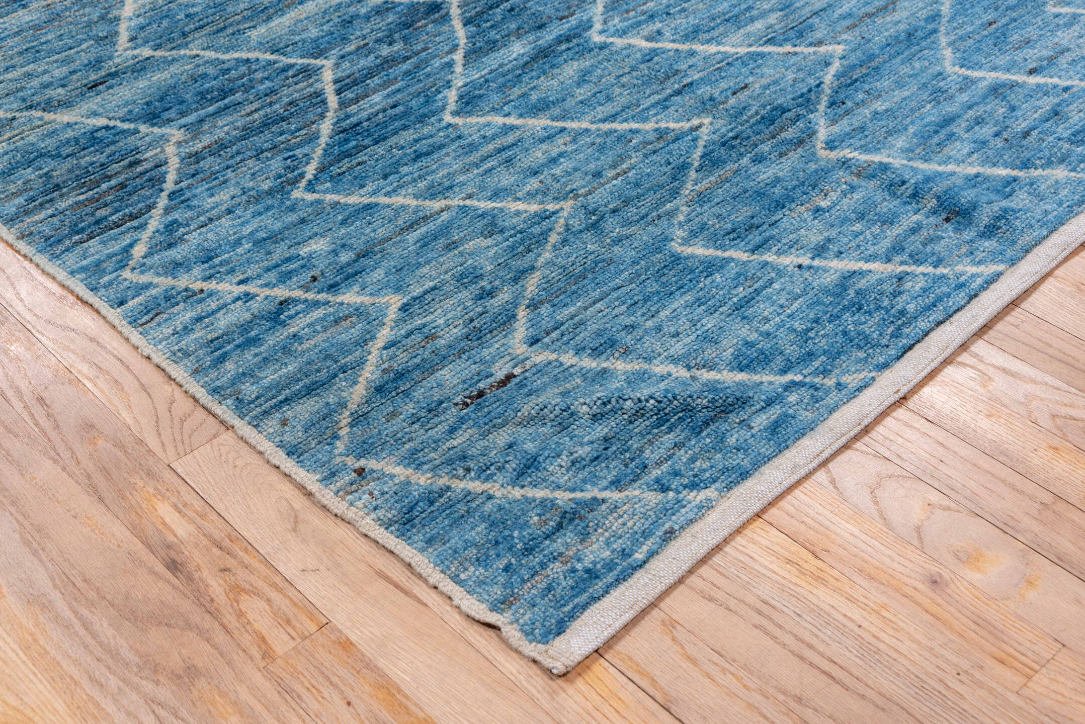 6' x 10' one-of-a-kind handmade vintage Moroccan large size rug. Color palette: arapawa, blue, gray, light blue, light gray