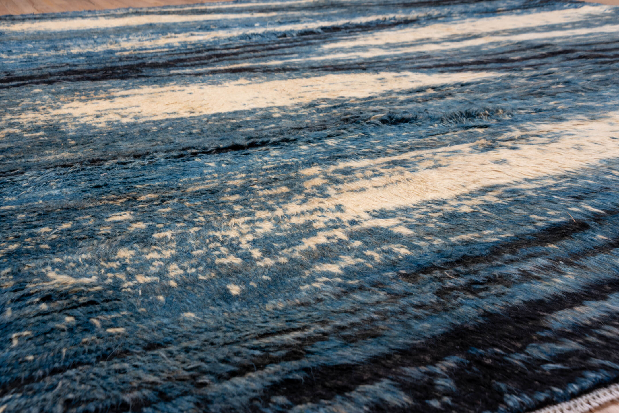 8' x 9' one-of-a-kind handmade vintage Moroccan rug. Color palette: arapawa, black, blue, brown, charcoal, fiord, gray