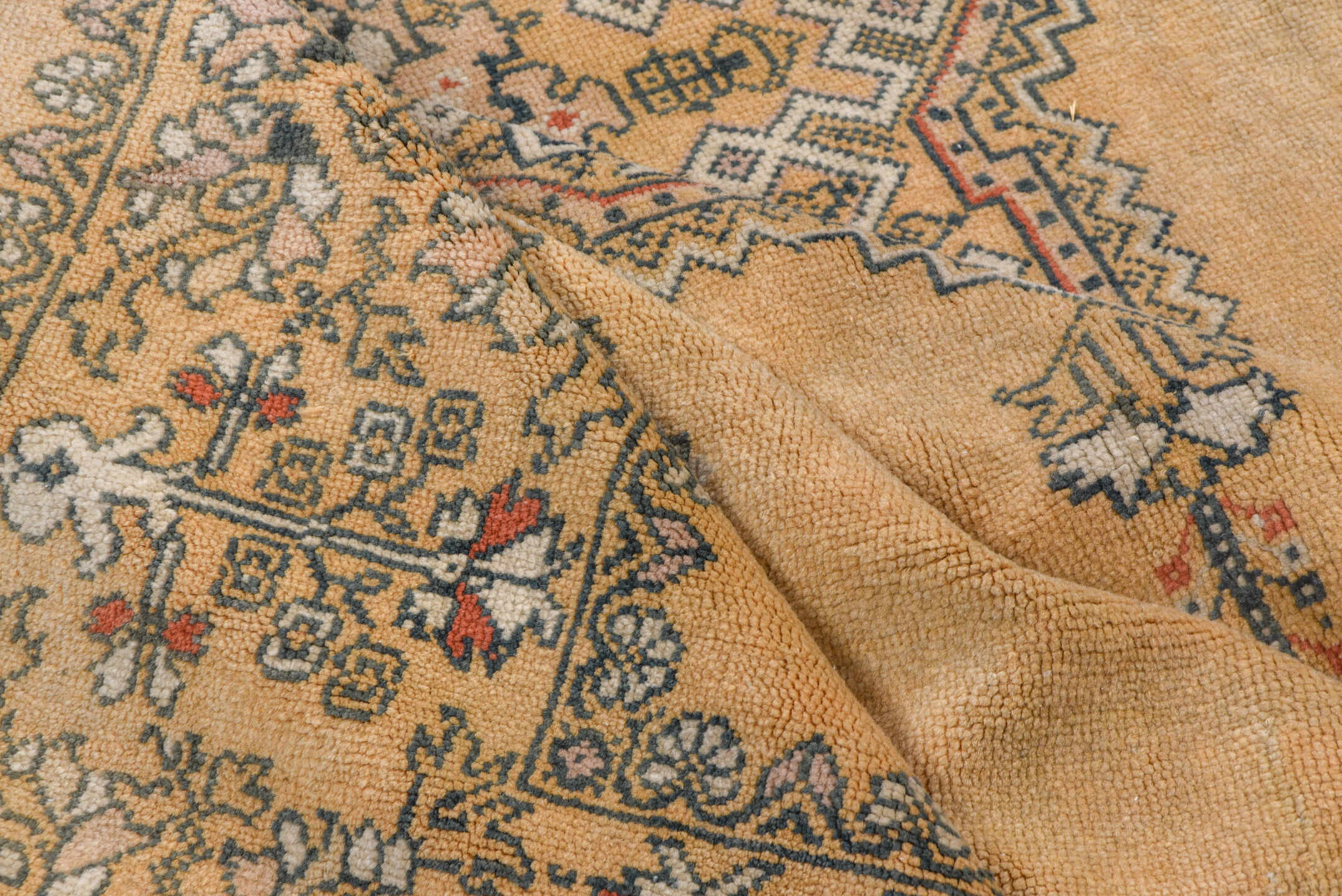6' x 9' one-of-a-kind handmade vintage Sivas medium size rug. Color palette: camel, taupe, ivory, slate, rust, charcoal