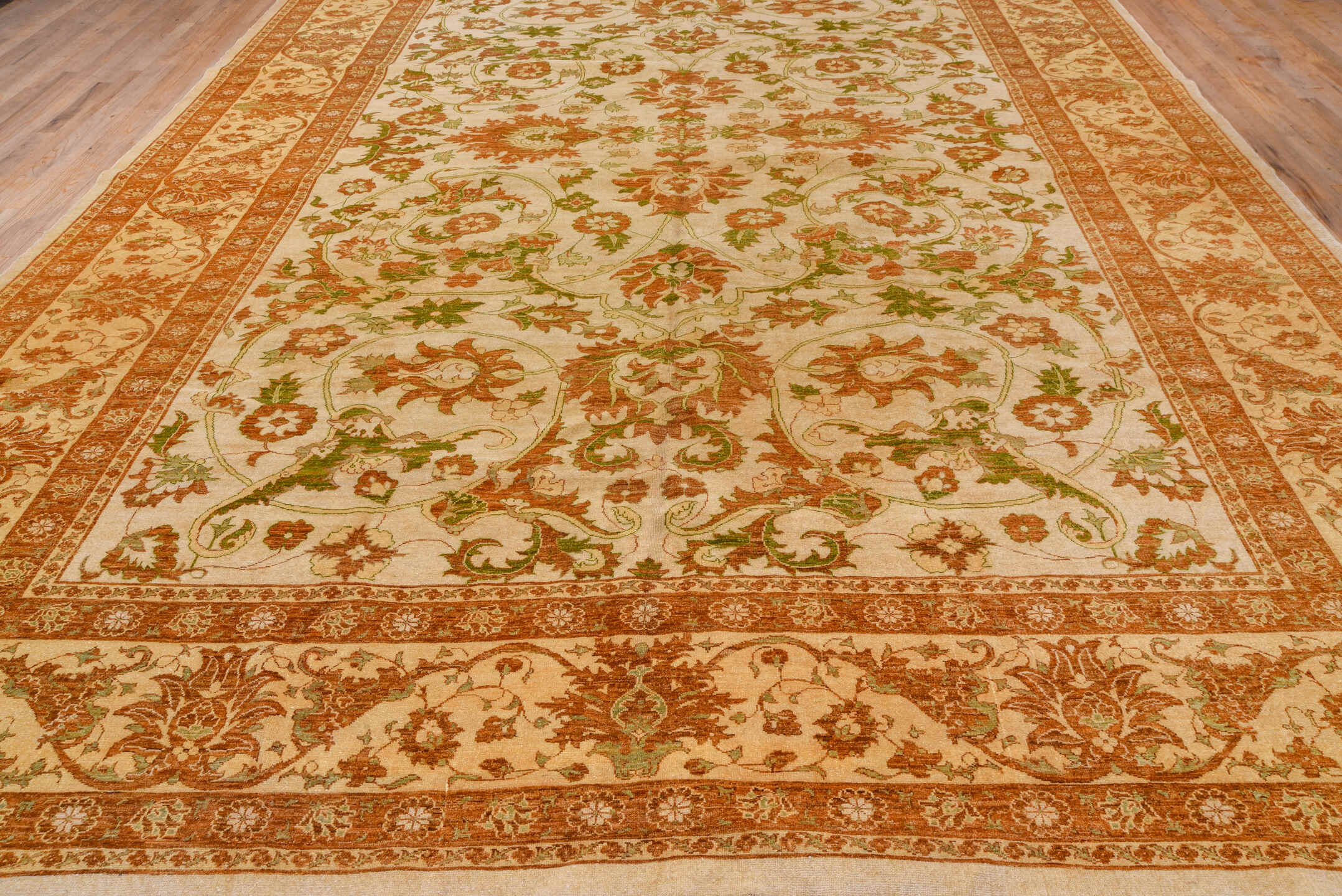 11' x 15' one-of-a-kind handmade vintage Sultanabad oversize rug. Color palette: ivory, terra cotta, sage, camel, taupe
