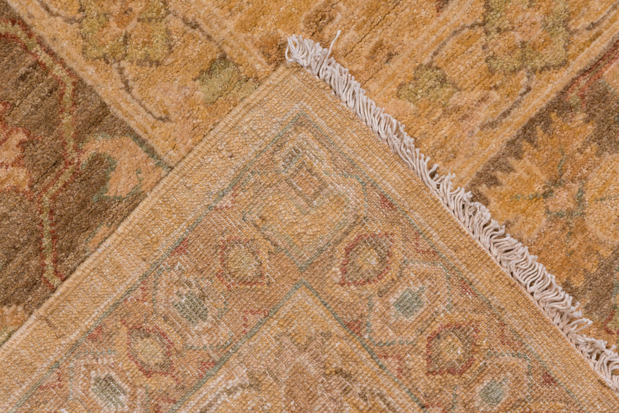 12' x 17' one-of-a-kind handmade vintage Pakistan oversize rug. Color palette: camel, taupe, brown, beige, sage, ivory