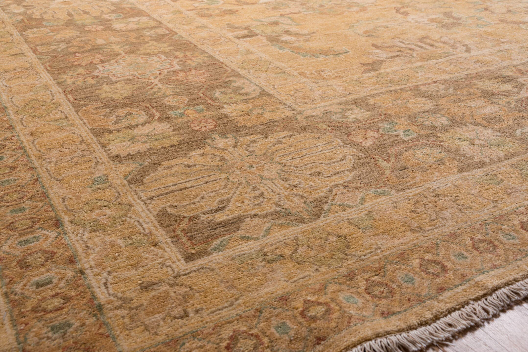 12' x 17' one-of-a-kind handmade vintage Pakistan oversize rug. Color palette: camel, taupe, brown, beige, sage, ivory