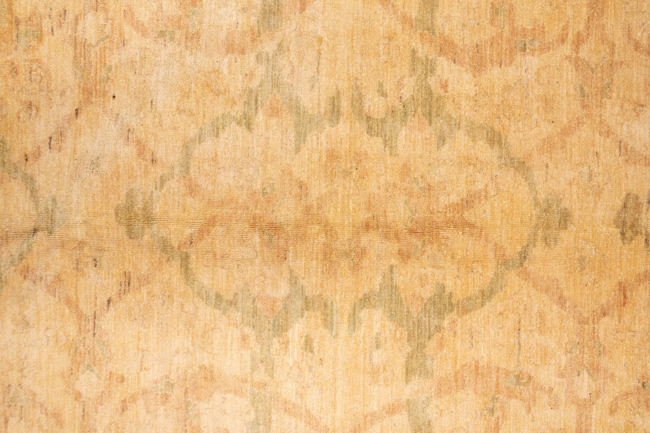 10' x 14' one-of-a-kind handmade vintage Polonase large size rug. Color palette: peach, apricot, ivory, sage, gold, beige