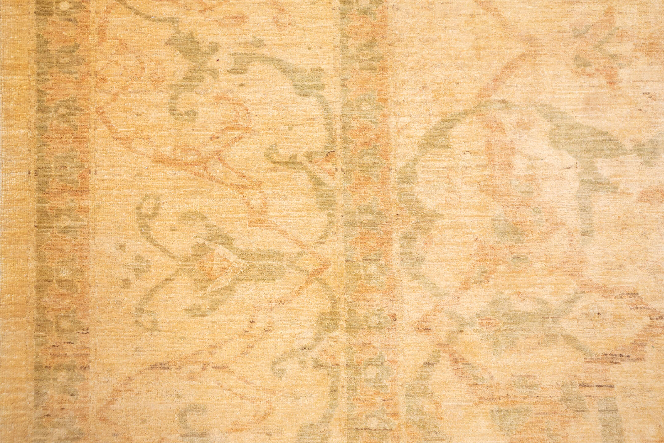 10' x 14' one-of-a-kind handmade vintage Polonase large size rug. Color palette: peach, apricot, ivory, sage, gold, beige