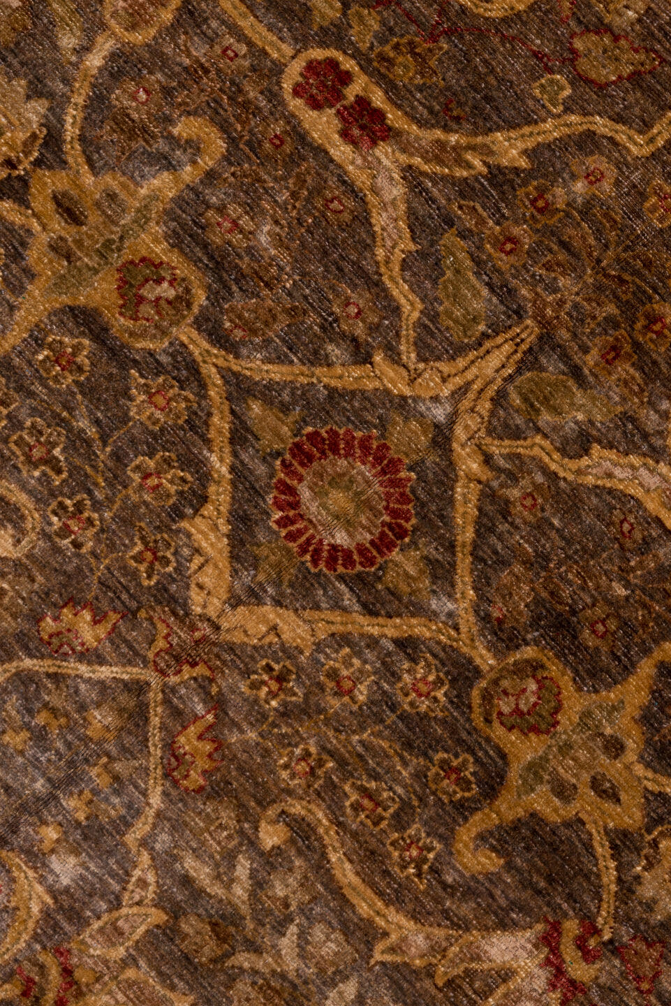 12' x 17' one-of-a-kind handmade vintage Amritzar oversize rug. Color palette: brown, camel, taupe, rust, gold, slate