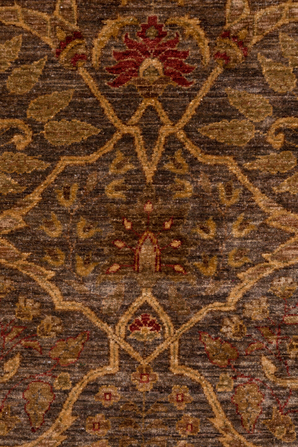 12' x 17' one-of-a-kind handmade vintage Amritzar oversize rug. Color palette: brown, camel, taupe, rust, gold, slate