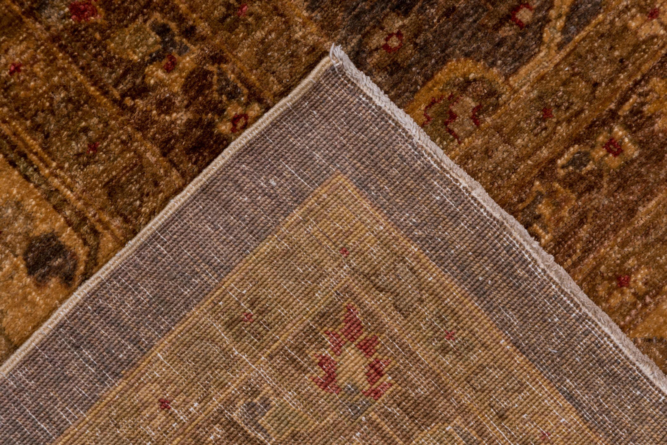 12' x 17' one-of-a-kind handmade vintage Amritzar oversize rug. Color palette: brown, camel, taupe, rust, gold, slate