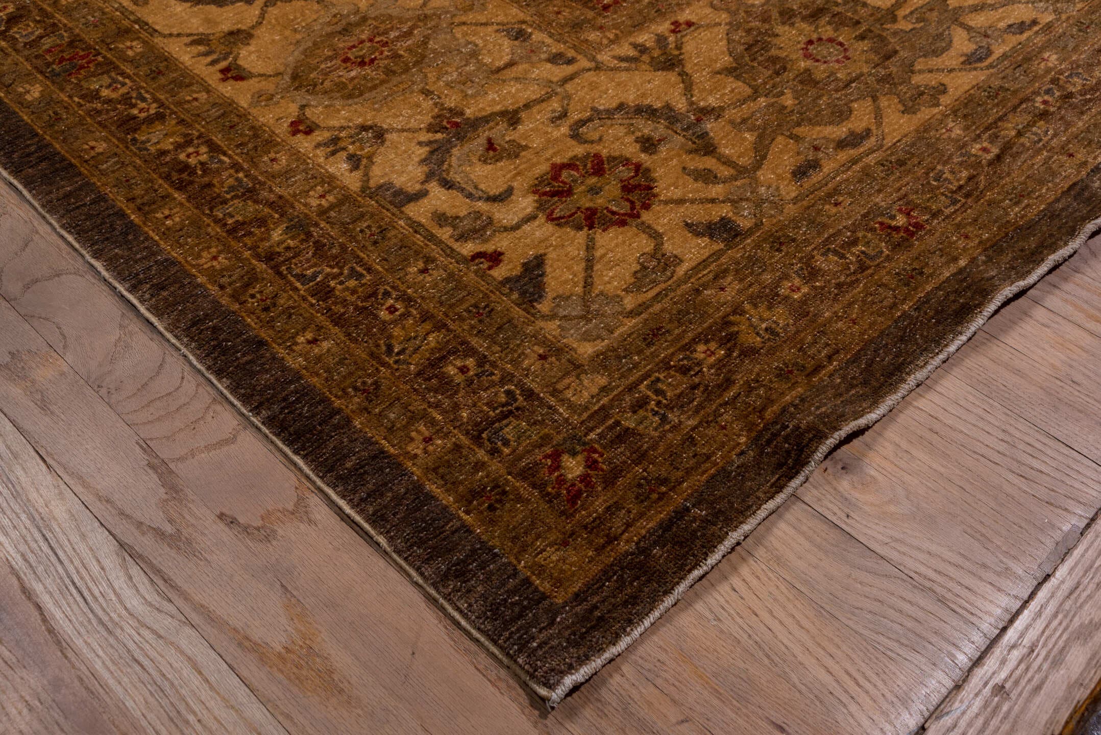 12' x 17' one-of-a-kind handmade vintage Amritzar oversize rug. Color palette: brown, camel, taupe, rust, gold, slate