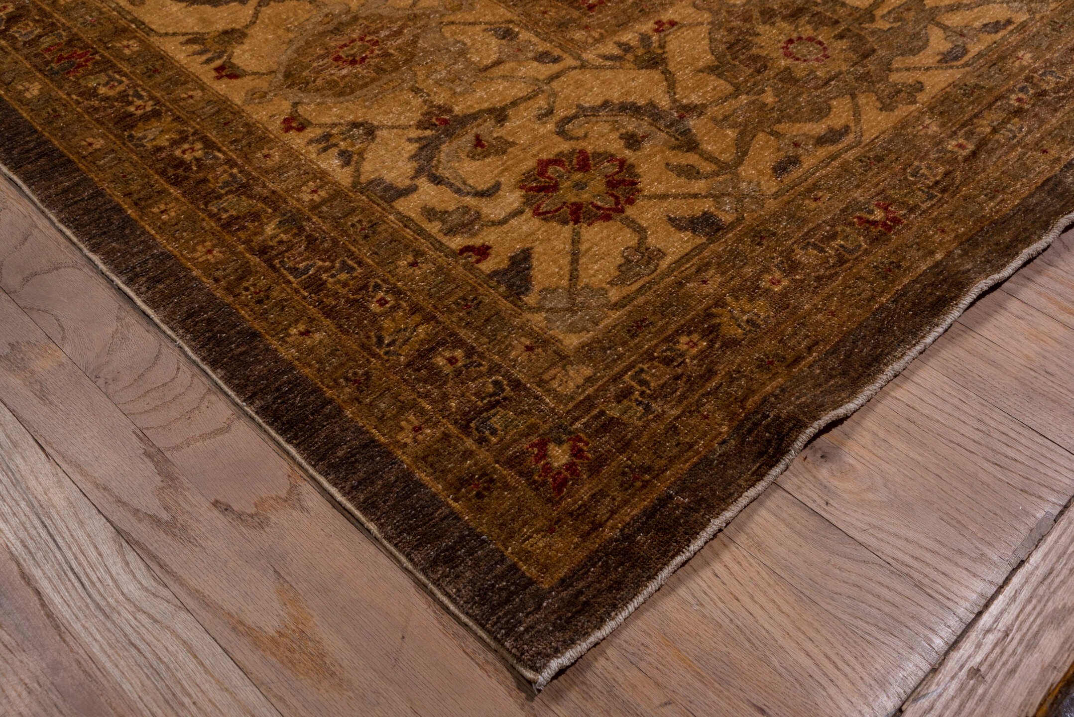 12' x 17' one-of-a-kind handmade vintage Amritzar oversize rug. Color palette: brown, camel, taupe, rust, gold, slate