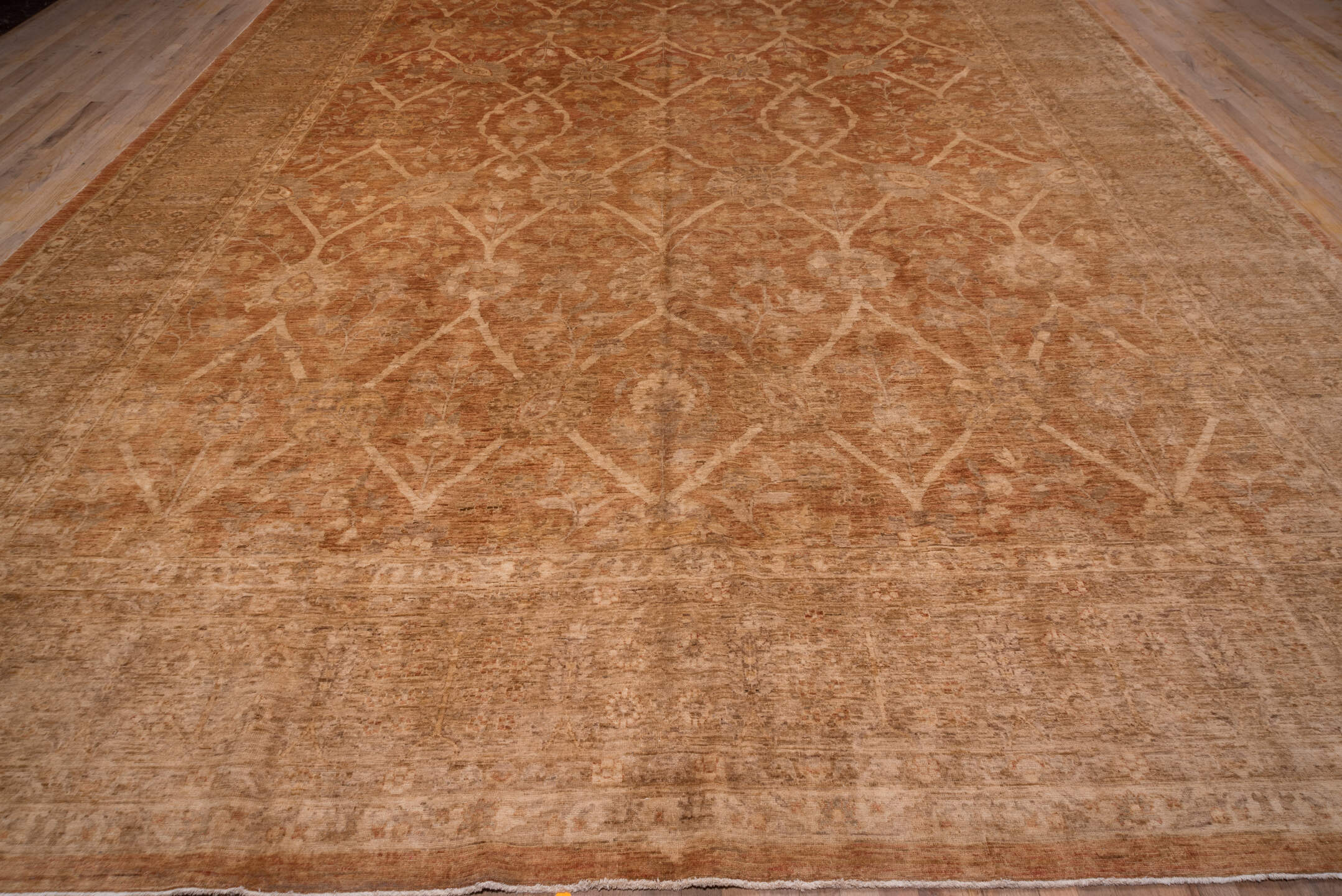 12' x 17' one-of-a-kind handmade vintage Pakistan oversize rug. Color palette: terra cotta, camel, taupe, ivory, beige