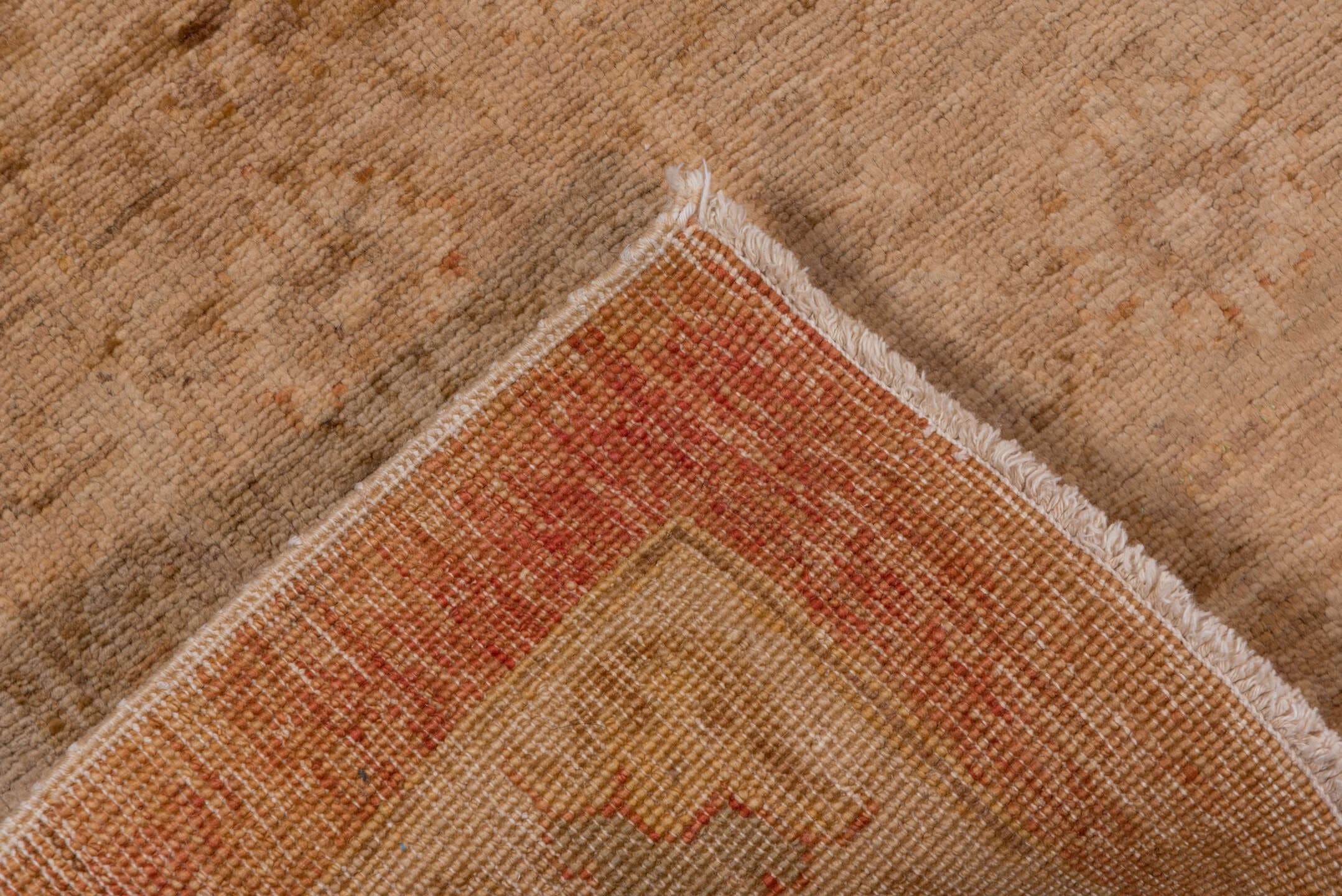 12' x 17' one-of-a-kind handmade vintage Pakistan oversize rug. Color palette: terra cotta, camel, taupe, ivory, beige
