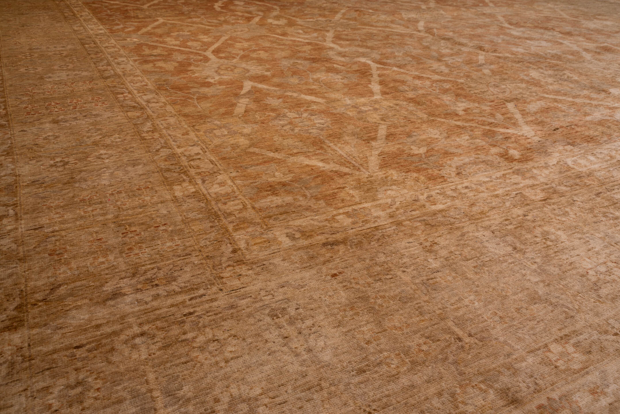 12' x 17' one-of-a-kind handmade vintage Pakistan oversize rug. Color palette: terra cotta, camel, taupe, ivory, beige