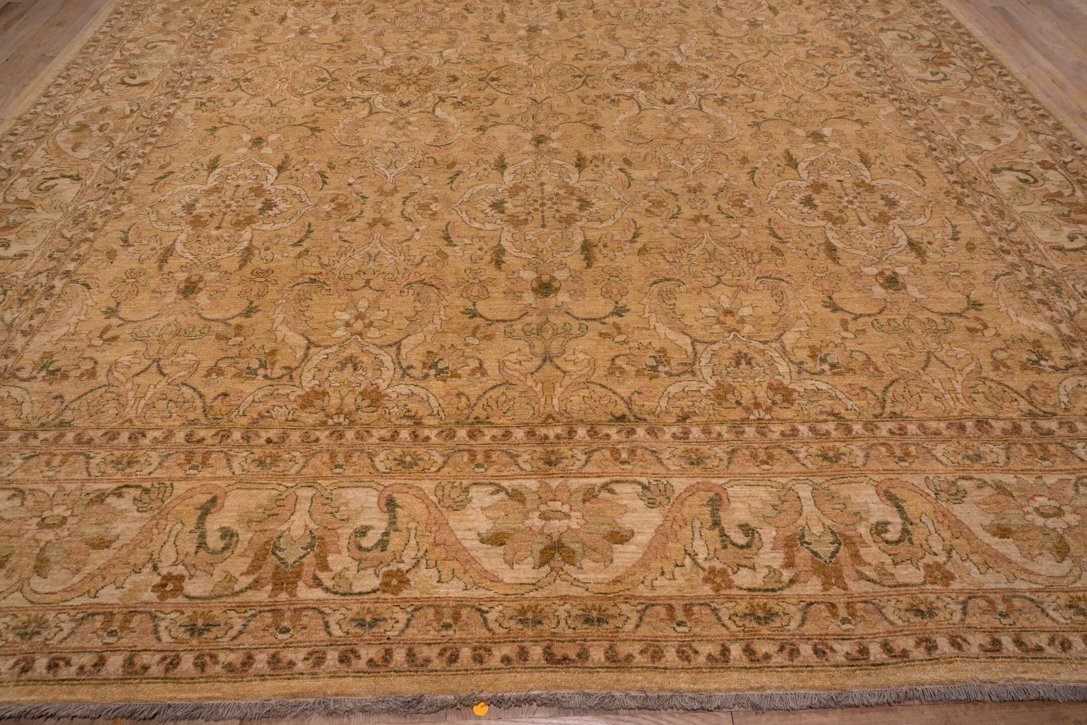 13' x 18' one-of-a-kind handmade vintage Amritzar oversize rug. Color palette: camel, beige, taupe, ivory, tan, sage, brown