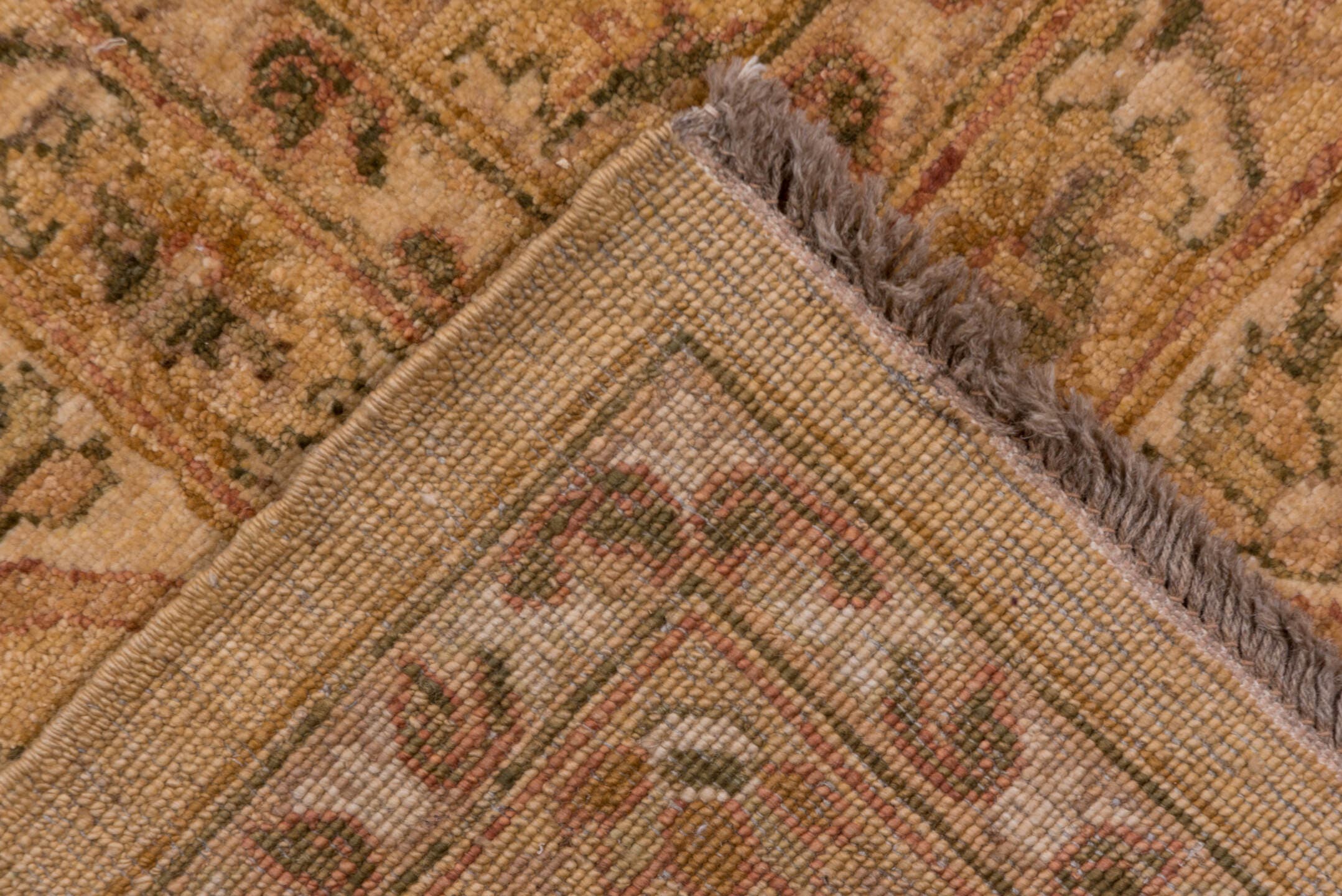 13' x 18' one-of-a-kind handmade vintage Amritzar oversize rug. Color palette: camel, beige, taupe, ivory, tan, sage, brown