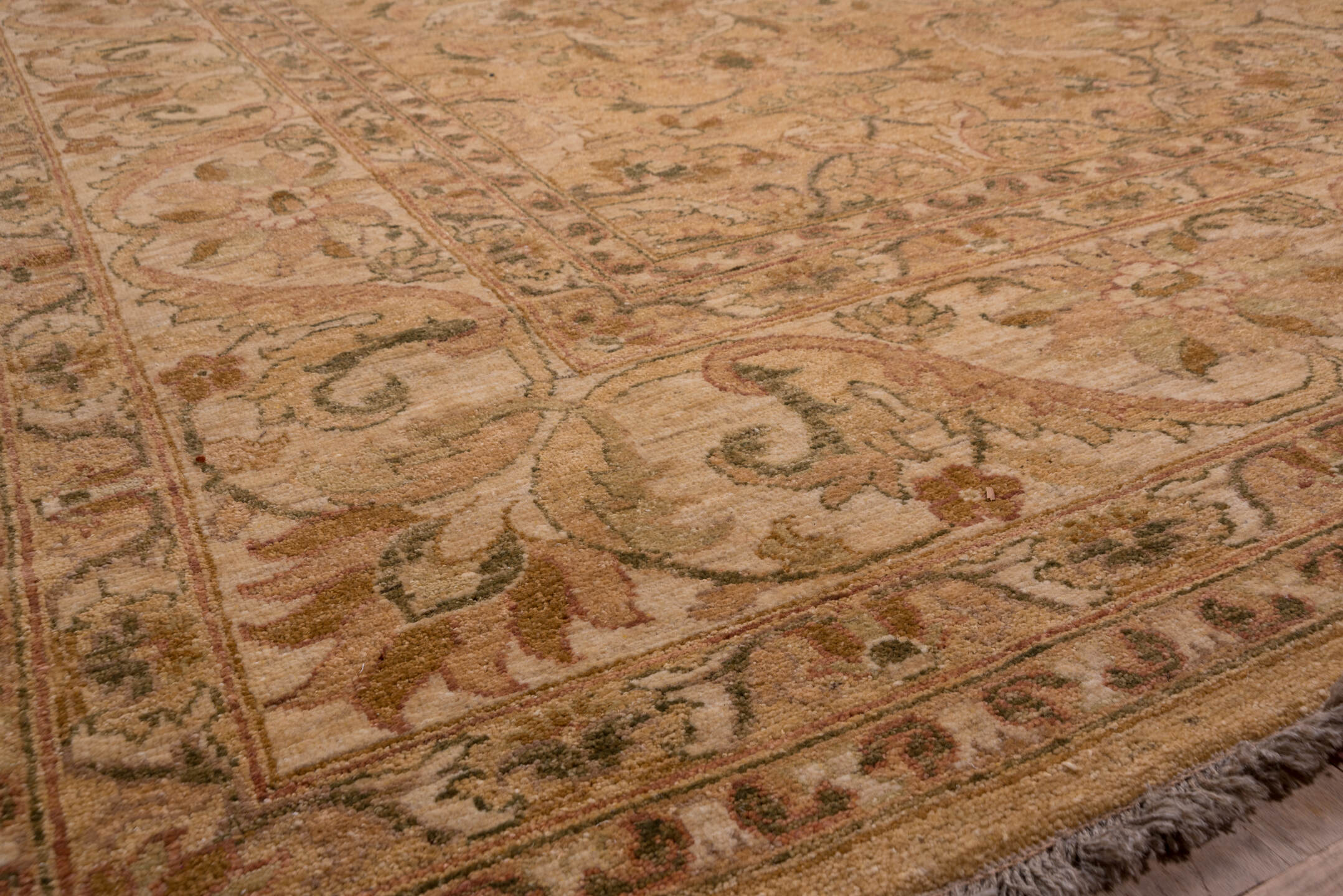 13' x 18' one-of-a-kind handmade vintage Amritzar oversize rug. Color palette: camel, beige, taupe, ivory, tan, sage, brown