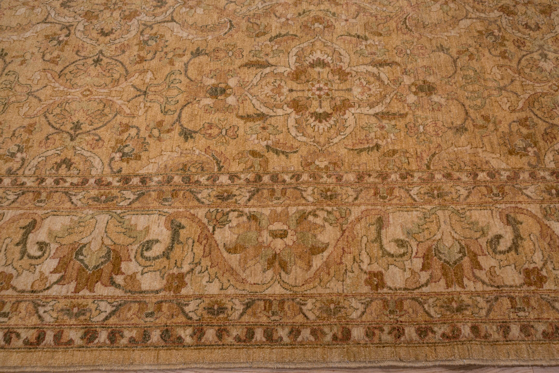 13' x 18' one-of-a-kind handmade vintage Amritzar oversize rug. Color palette: camel, beige, taupe, ivory, tan, sage, brown
