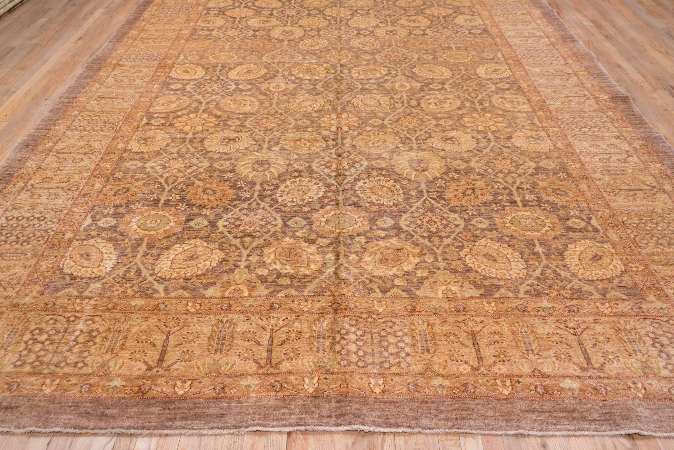 10' x 13' one-of-a-kind handmade vintage Tabriz large size rug. Color palette: brown, gray, off-white, orange, pink