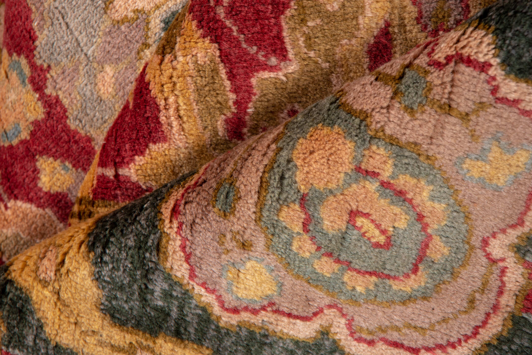 11' x 13' one-of-a-kind handmade vintage Agra oversize rug. Color palette: rust, charcoal, gold, ivory, sage, terra cotta