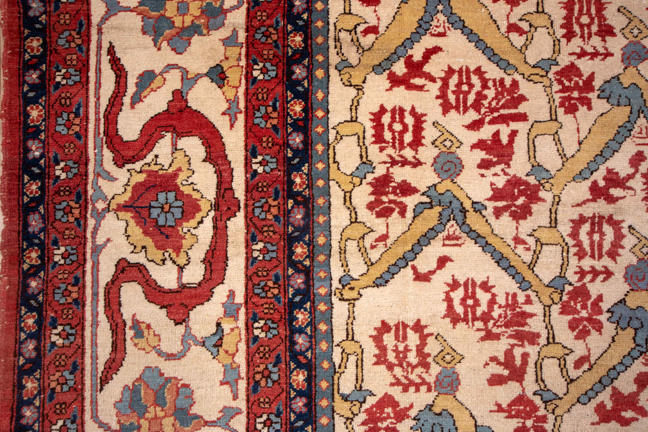 10' x 14' one-of-a-kind handmade vintage Serapi large size rug. Color palette: ivory, rust, indigo, soft blue, brick, camel