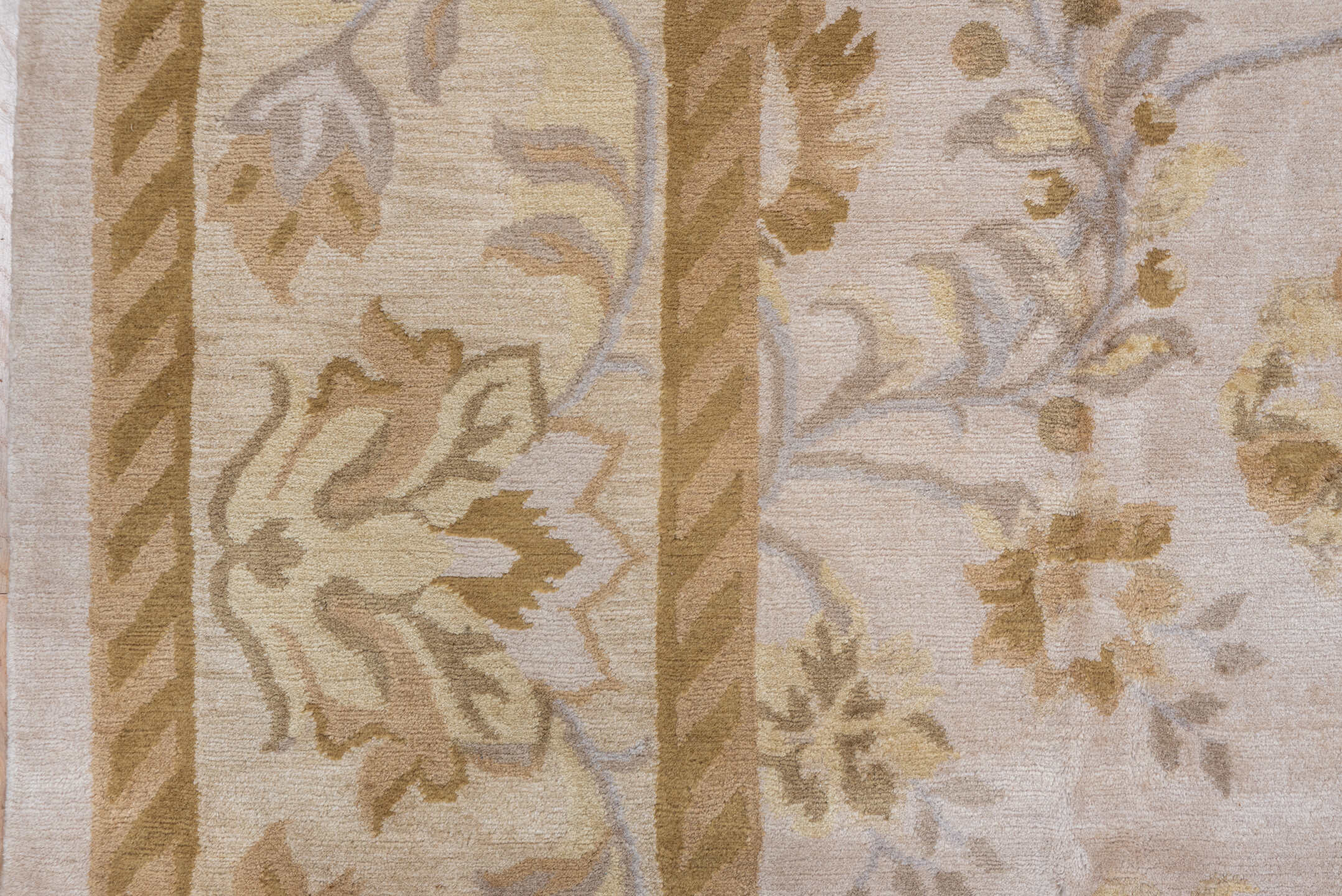 9' x 13' one-of-a-kind handmade vintage India large size rug. Color palette: ivory, taupe, camel, beige, sand, light blue
