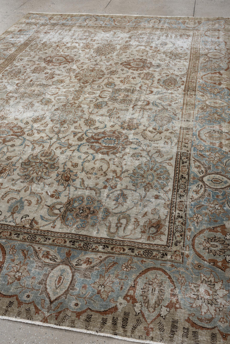 6' x 10' one-of-a-kind handmade vintage Tabriz large size rug. Color palette: ivory, taupe, sky blue, terracotta, camel
