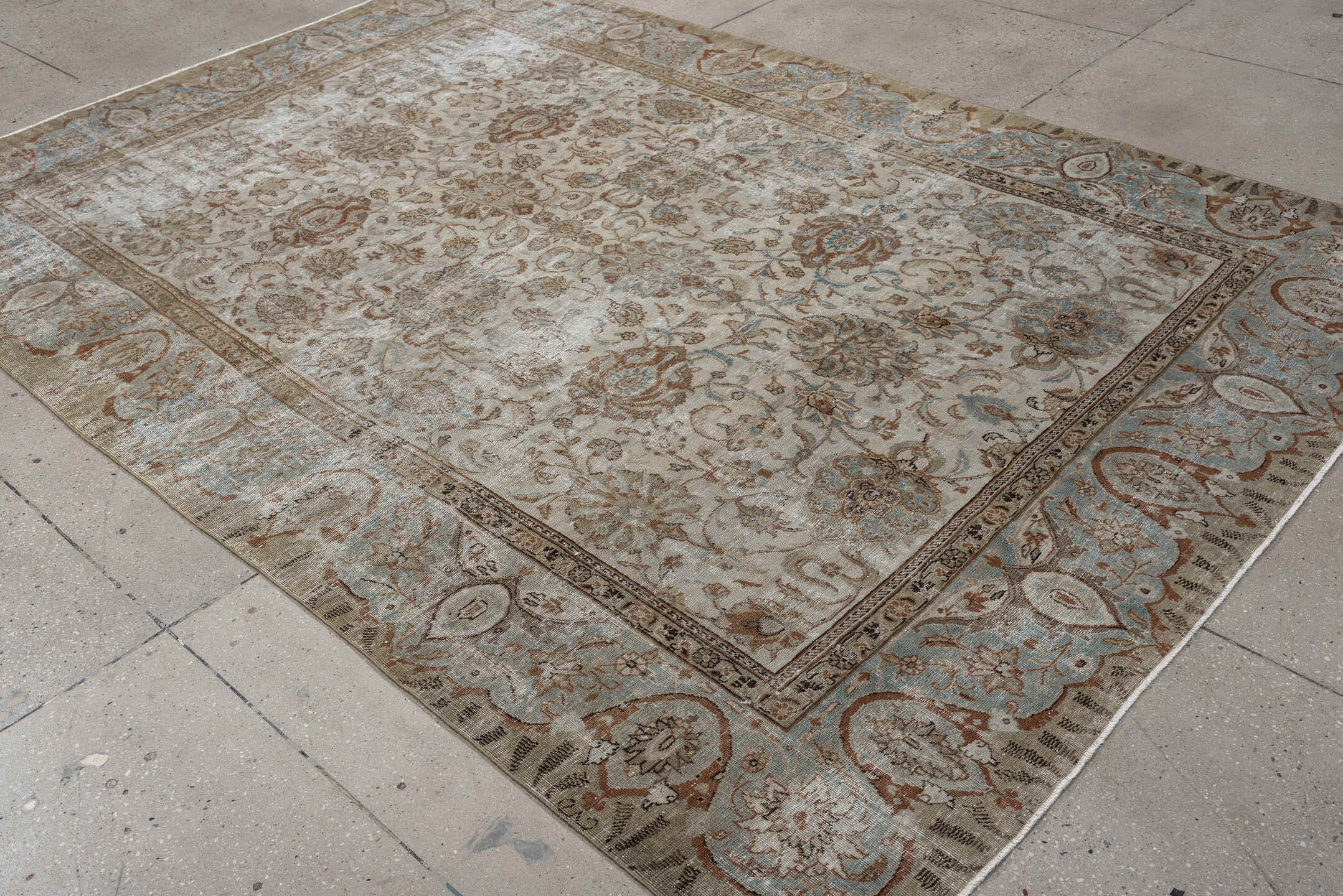 6' x 10' one-of-a-kind handmade vintage Tabriz large size rug. Color palette: ivory, taupe, sky blue, terracotta, camel