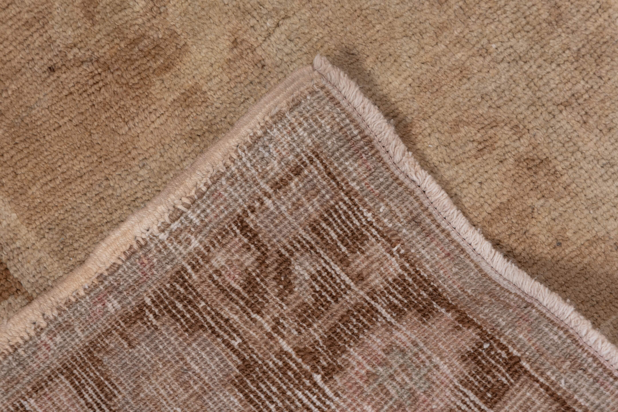 4' x 7' one-of-a-kind handmade vintage Oushak rug. Color palette: tan, taupe, ivory, camel, beige, brown, gray
