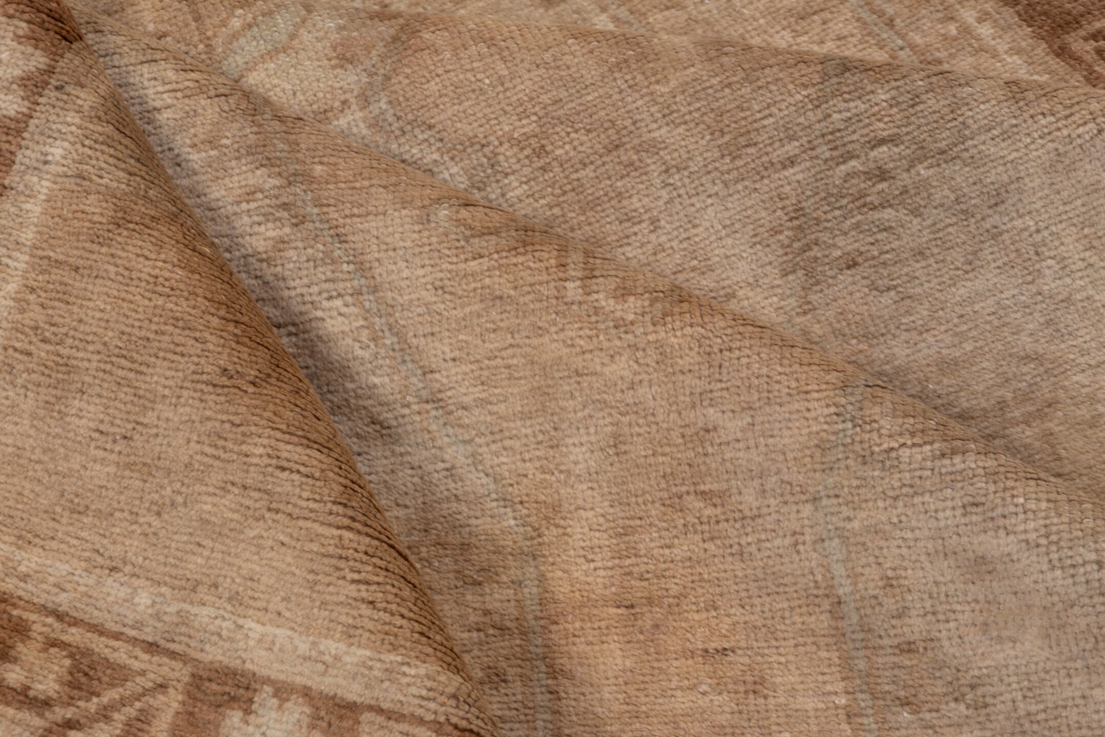 4' x 7' one-of-a-kind handmade vintage Oushak rug. Color palette: tan, taupe, ivory, camel, beige, brown, gray