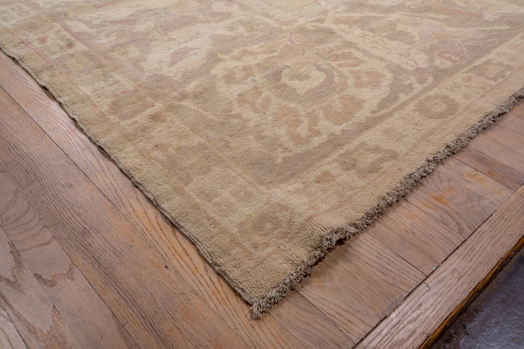 12' x 16' one-of-a-kind handmade vintage Sultanabad oversize rug. Color palette: tan, taupe, rose, sage, ivory, dusty blue