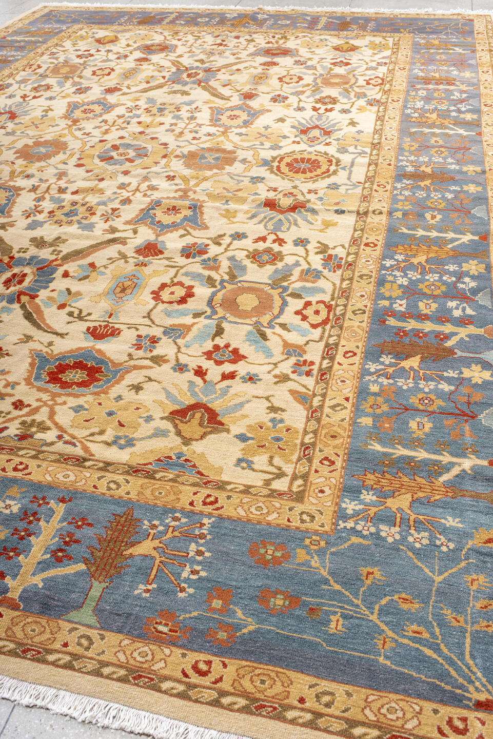12' x 18' one-of-a-kind handmade vintage Sultanabad oversize rug. Color palette: ivory, powder blue, camel, rust, gold