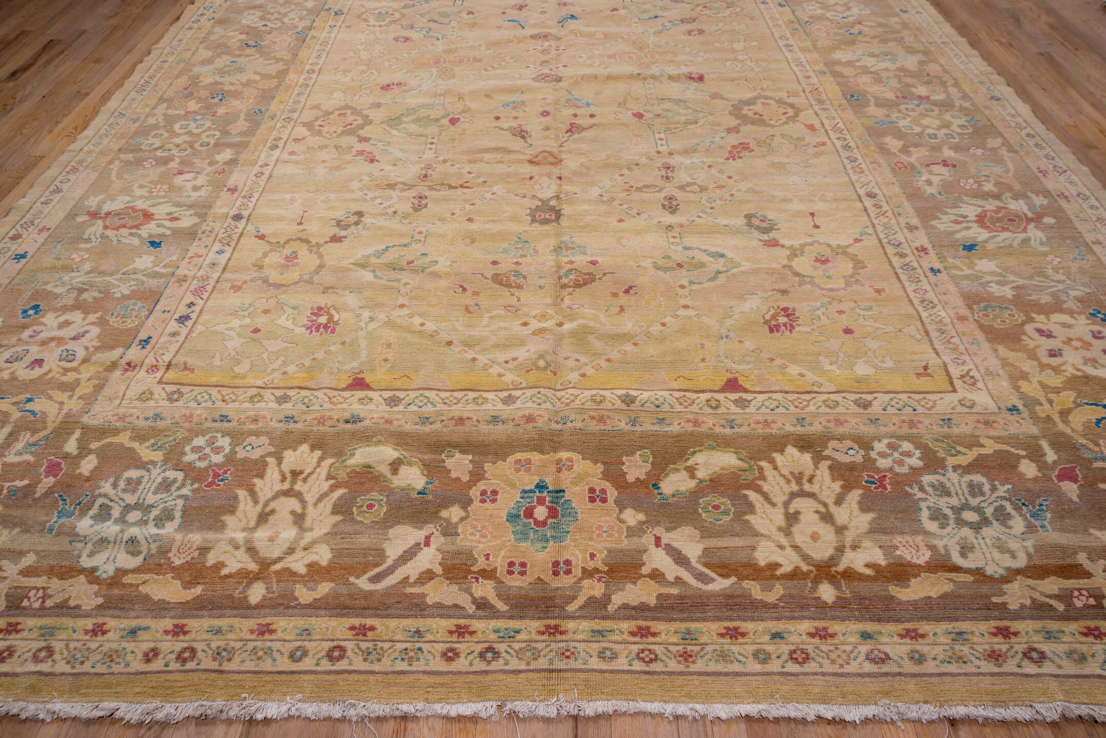 11' x 16' one-of-a-kind handmade vintage Sultanabad oversize rug. Color palette: camel, taupe, beige, ivory, sage
