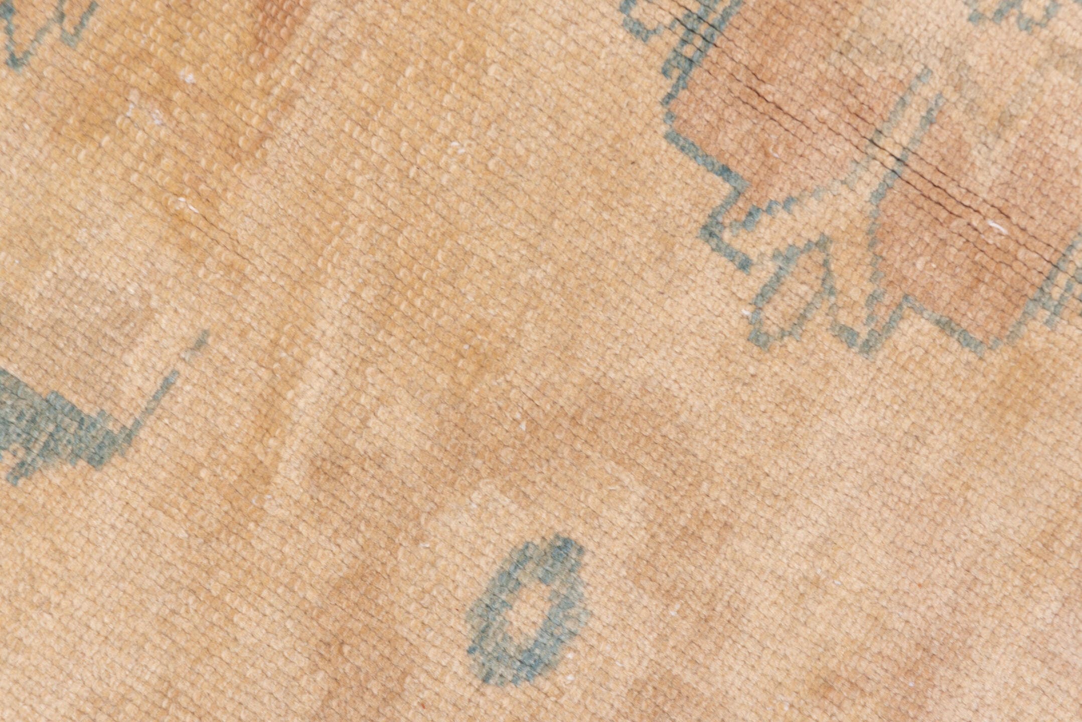 9' x 13' one-of-a-kind handmade vintage Sultanabad large size rug. Color palette: peach, camel, pale blue, ivory, taupe