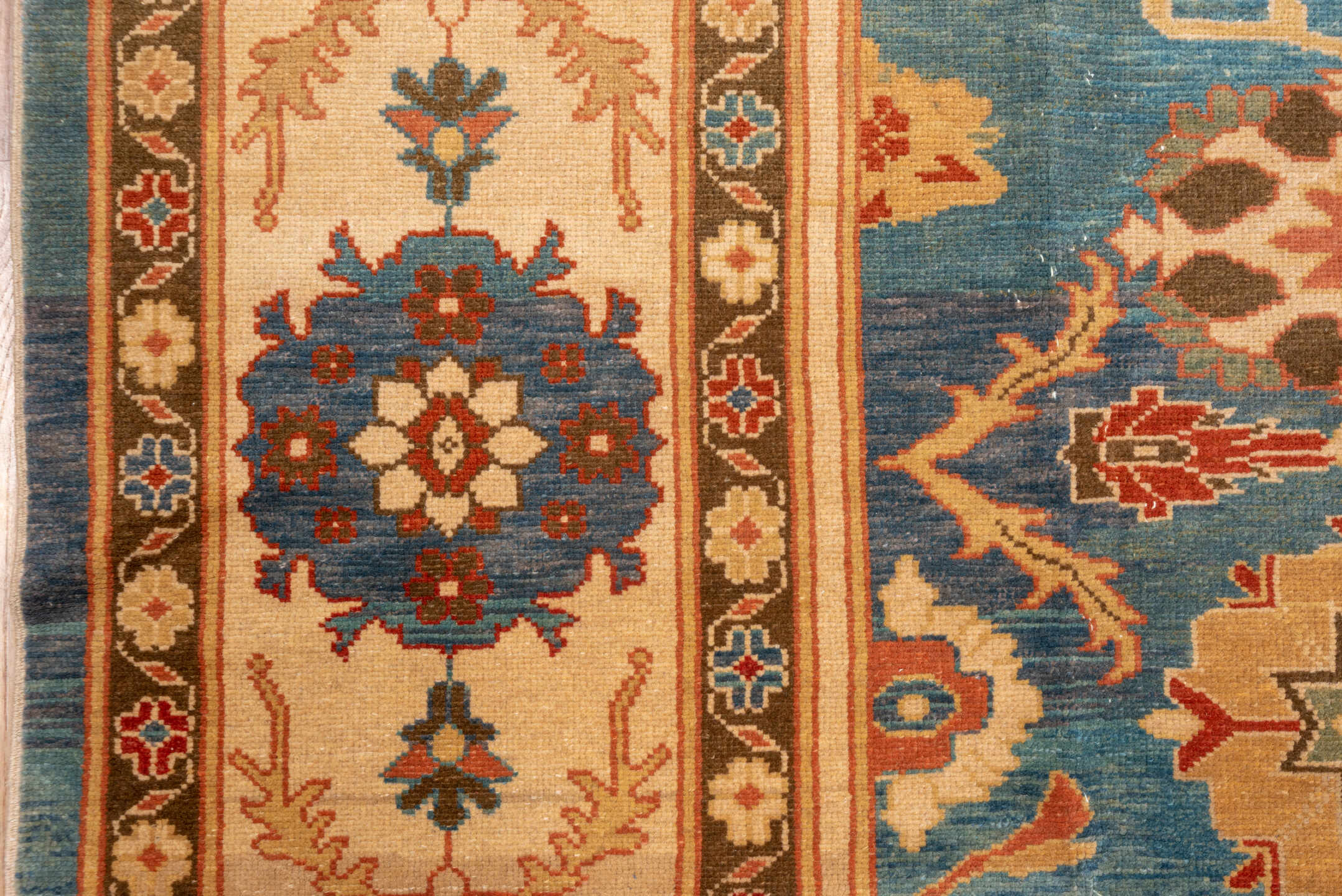 9' x 13' one-of-a-kind handmade vintage Sultanabad large size rug. Color palette: blue, ivory, camel, rust, brown, teal