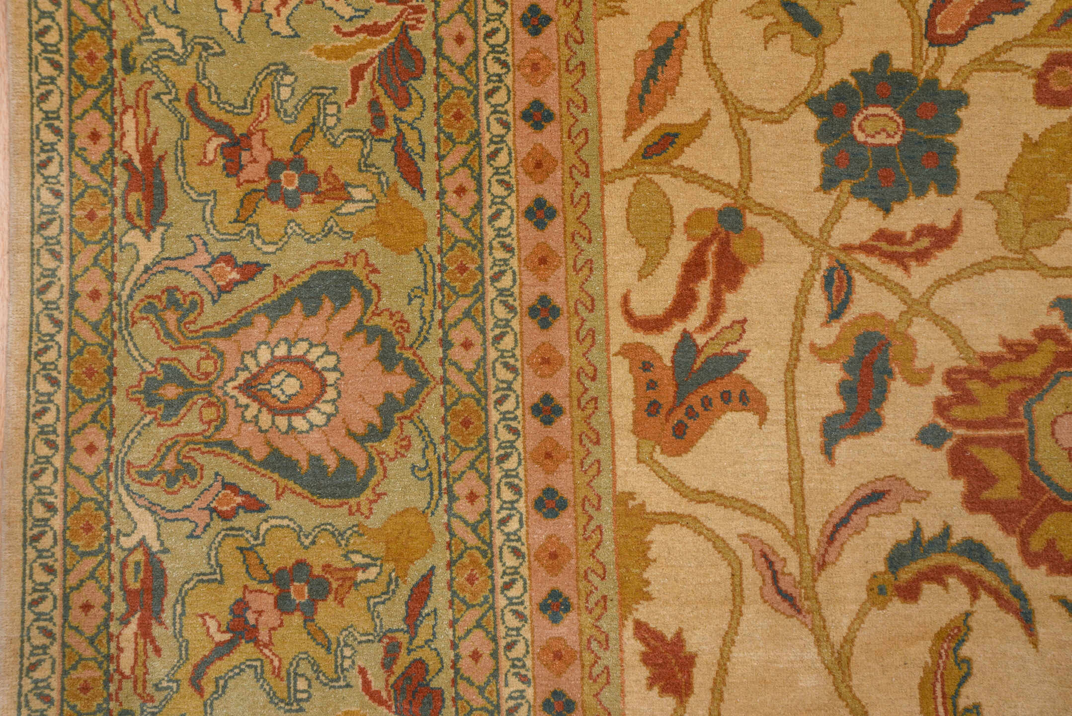 13' x 16' one-of-a-kind handmade vintage Sultanabad oversize rug. Color palette: ivory, beige, terra cotta, sage, gold, teal
