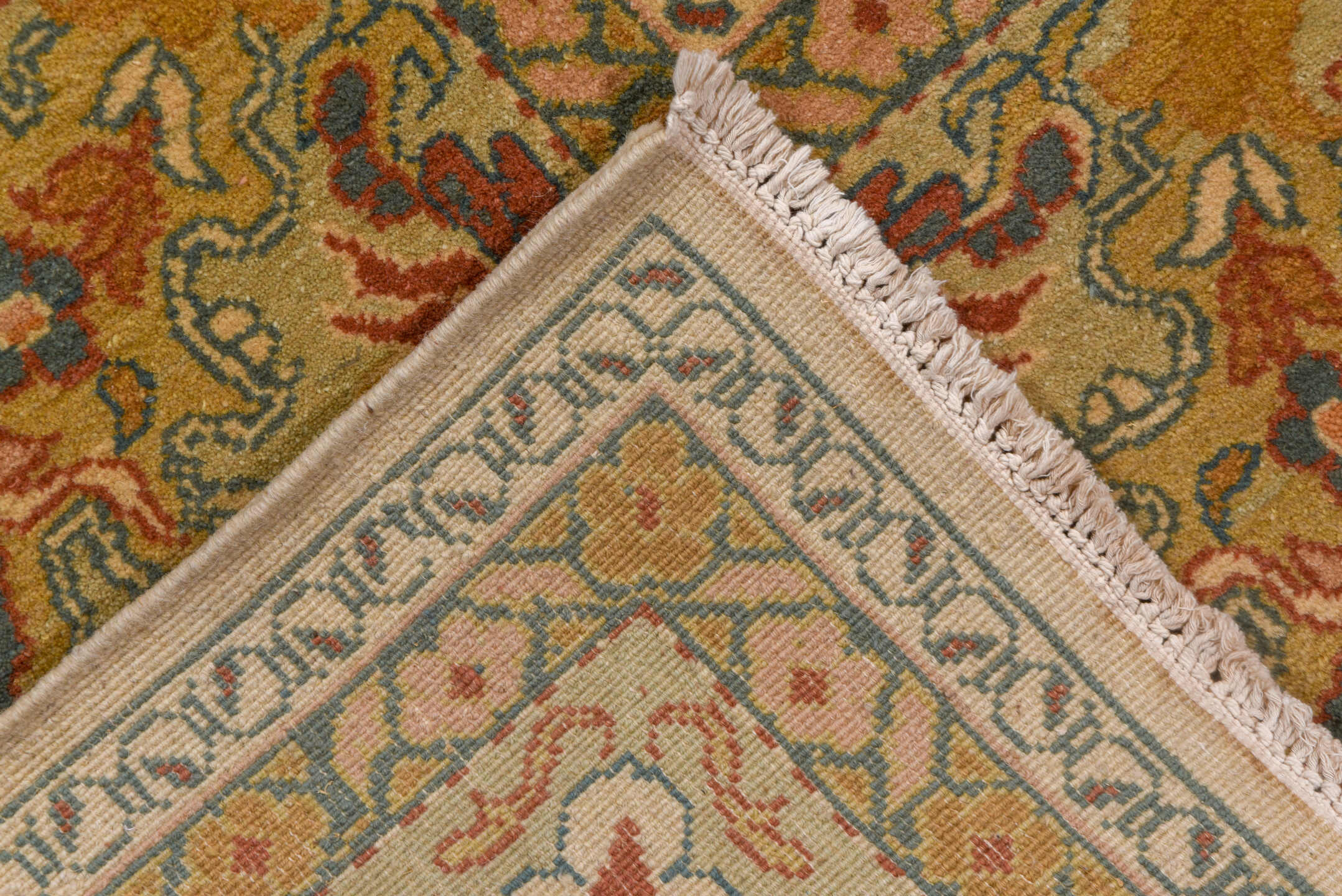 13' x 16' one-of-a-kind handmade vintage Sultanabad oversize rug. Color palette: ivory, beige, terra cotta, sage, gold, teal
