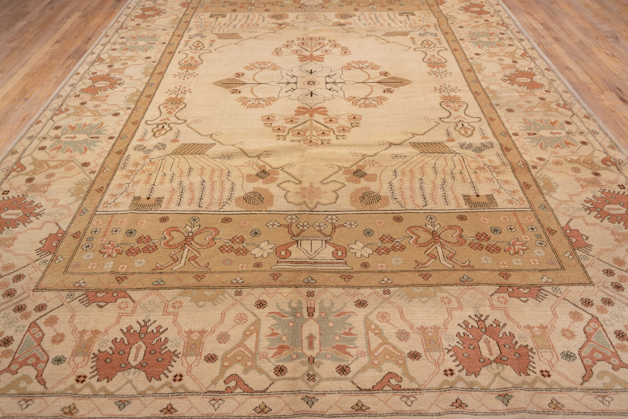 10' x 13' one-of-a-kind handmade vintage Oushak large size rug. Color palette: ivory, beige, blush, sage, terra cotta, taupe