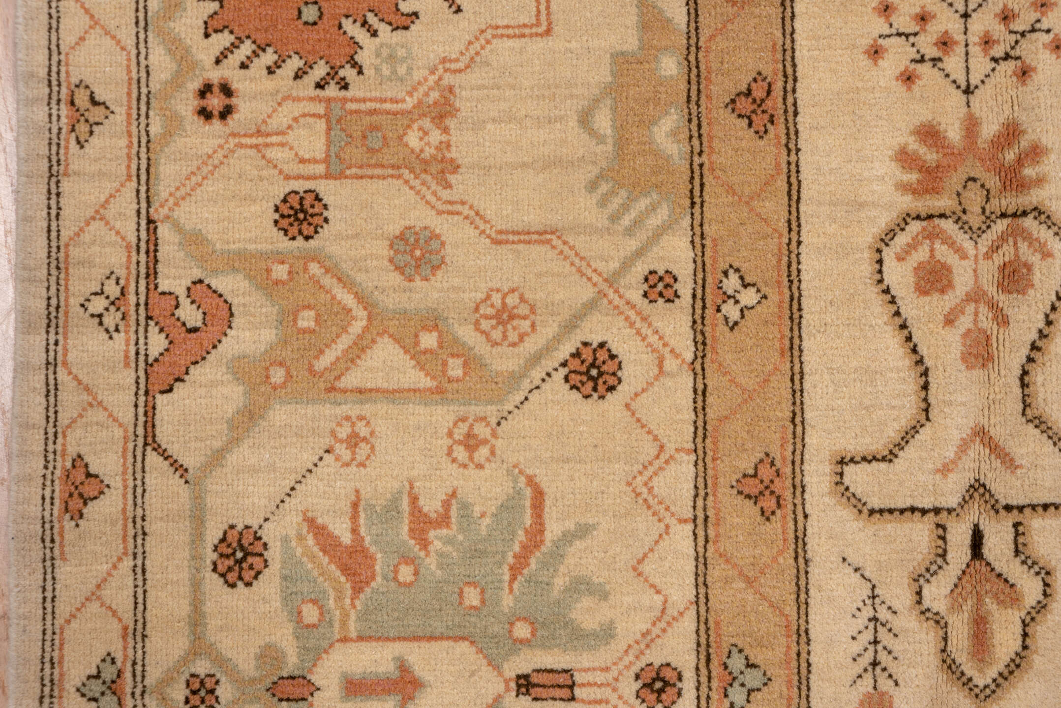 10' x 13' one-of-a-kind handmade vintage Oushak large size rug. Color palette: ivory, beige, blush, sage, terra cotta, taupe