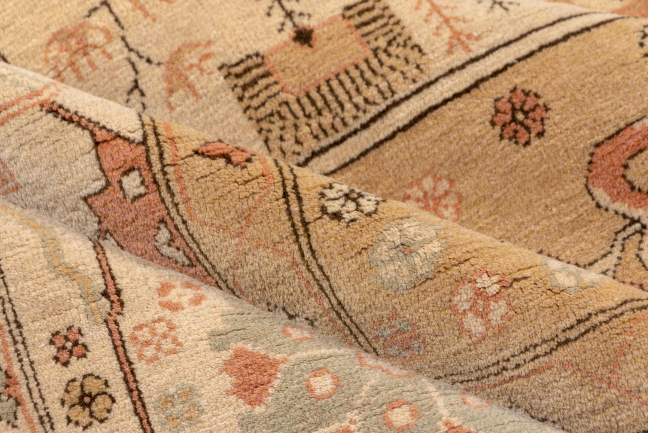 10' x 13' one-of-a-kind handmade vintage Oushak large size rug. Color palette: ivory, beige, blush, sage, terra cotta, taupe